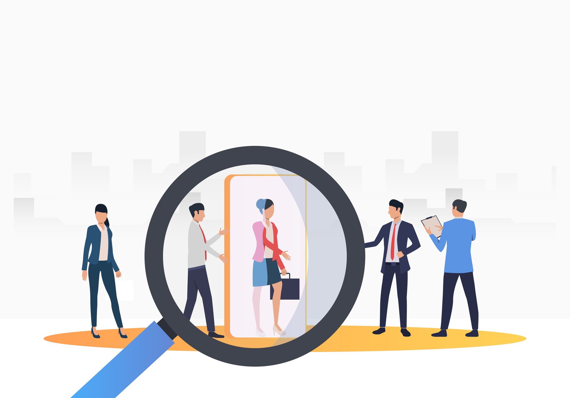 Using a magnifying glass for screening business professionals illustration.