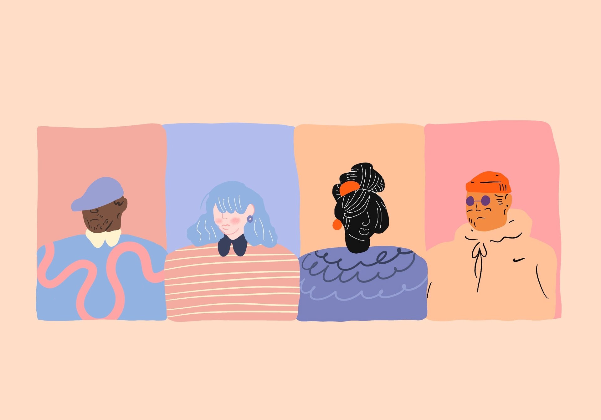 Könül Kina Bayramova flat illustration a group of people standing in front of a wall