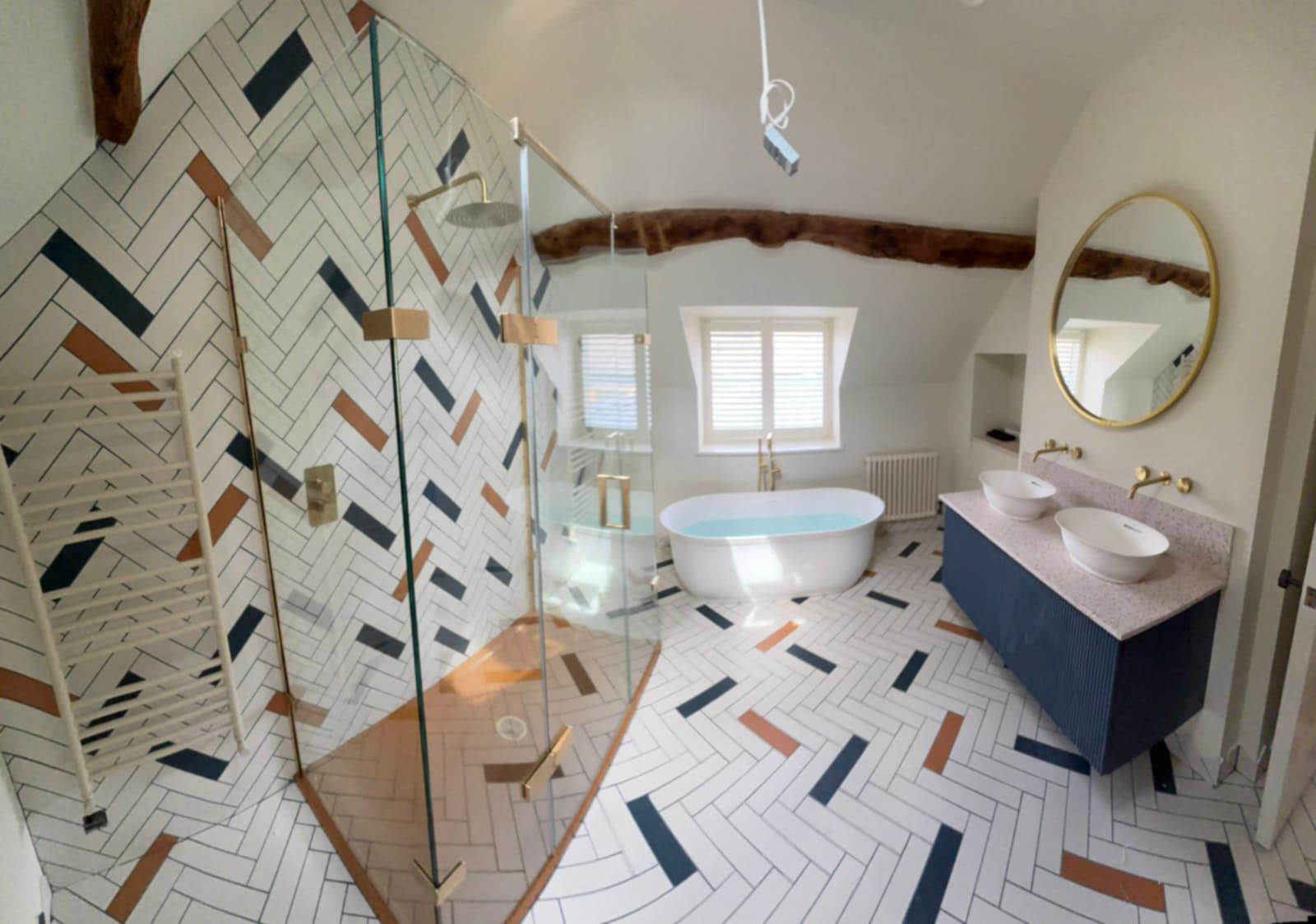 Contemporary bathroom with walk-in shower and stylish tiling installed in Evesham
