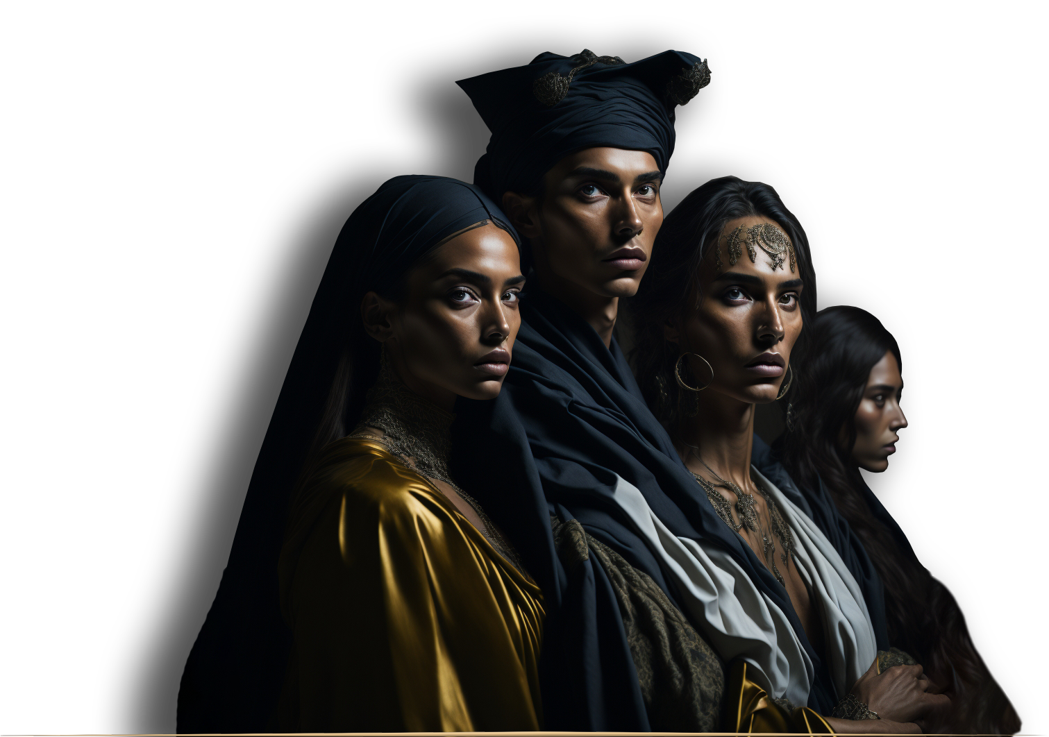 a group of people standing in front of a wooden table