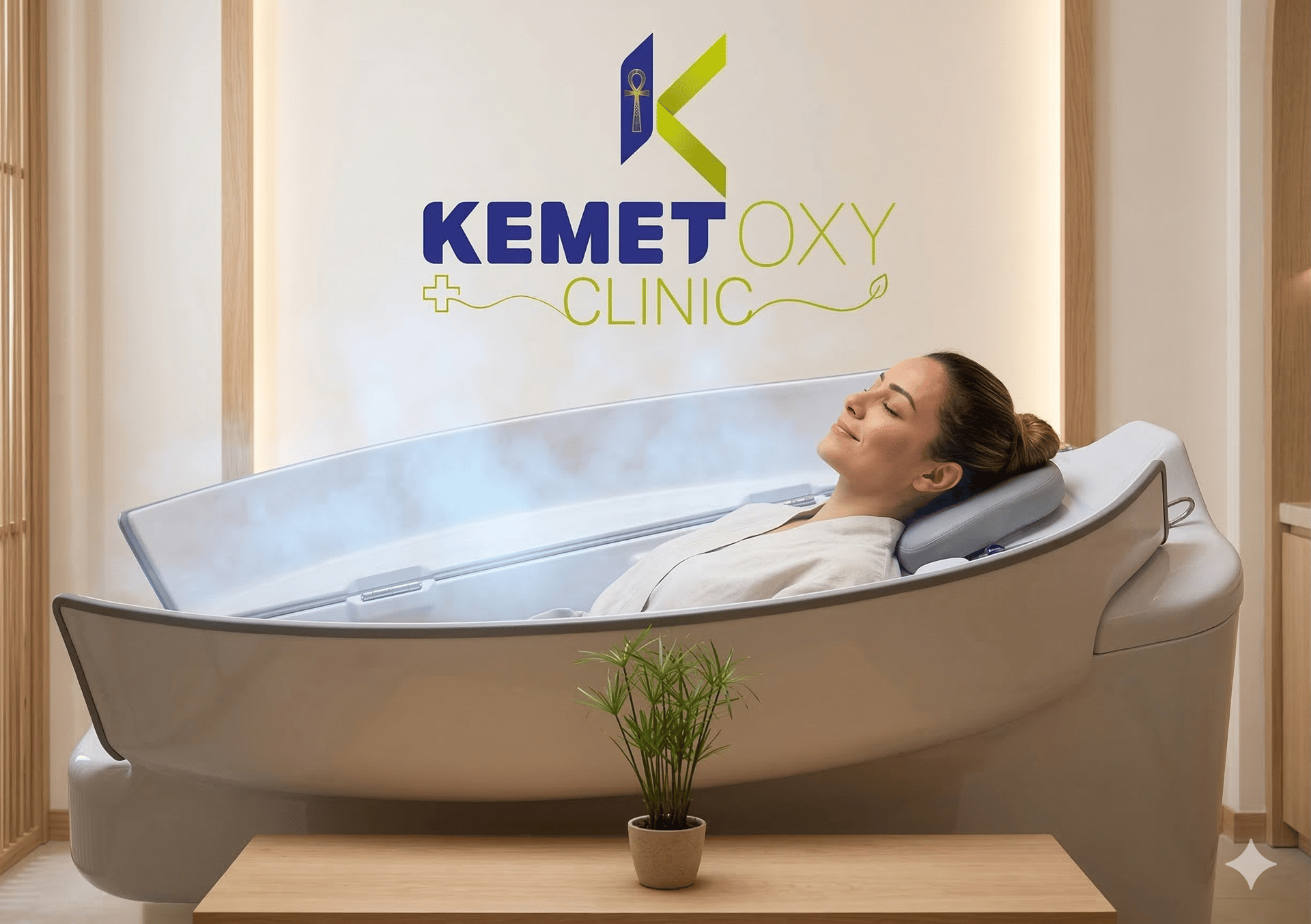 A woman relaxes in an ozone therapy steam sauna pod at Kemet Oxy Clinic for wellness treatment.