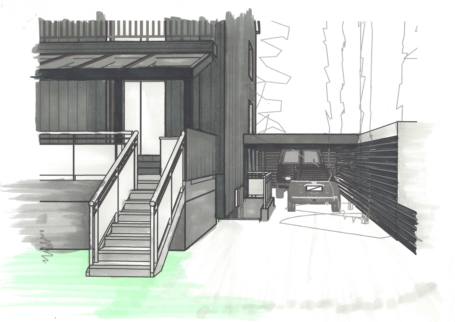 Esquisse de la vue depuis jardin.