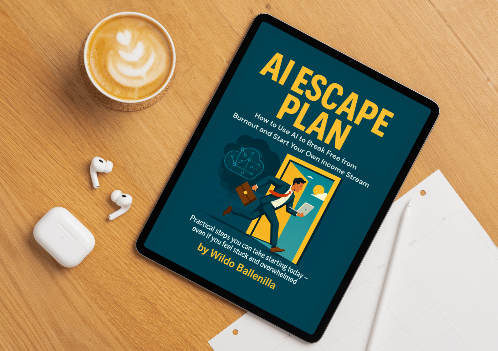 a tablet computer with the AI Escape Plan eBook sitting on a table with a cup of coffee