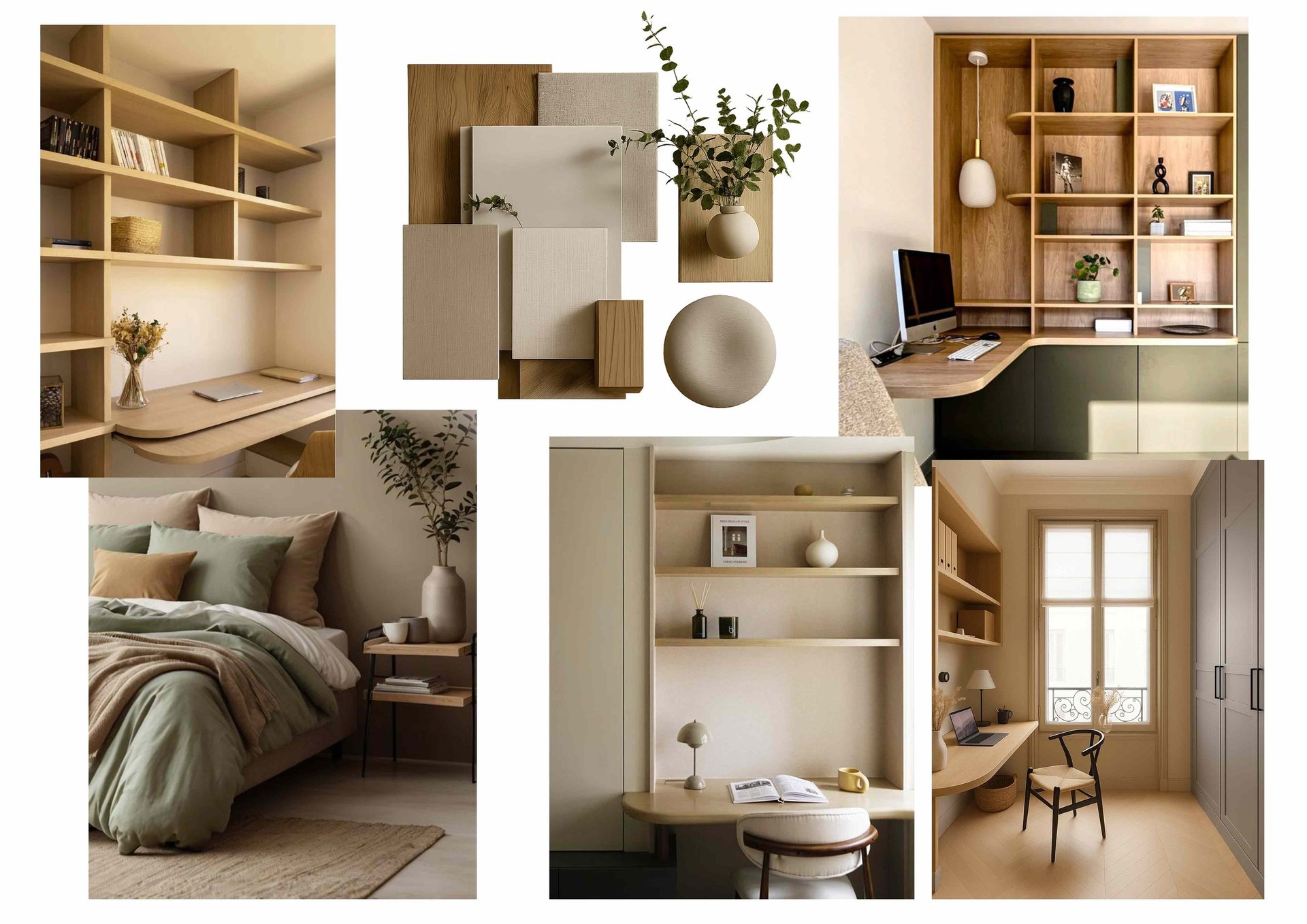 Modern minimalist interior design mood board featuring oak wood shelving, neutral bedrooms, and home office workspaces.