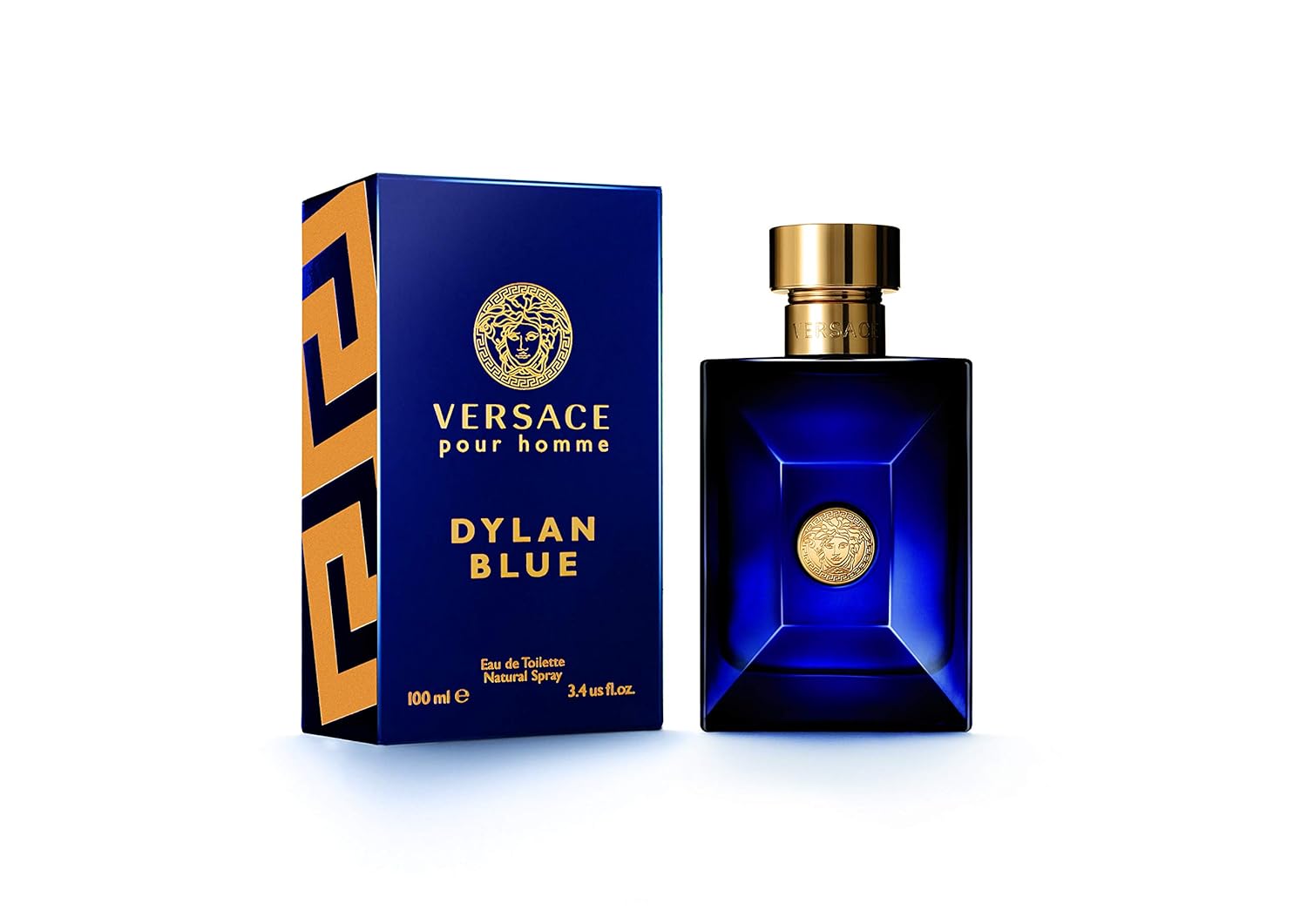 Versace Pour Homme Dylan Blue cologne bottle and blue gift box with gold accents