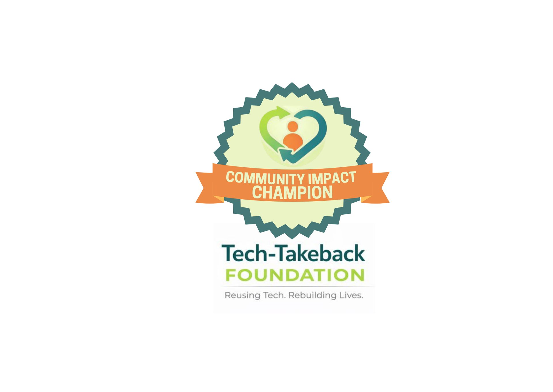 A digital badge with the Tech-Takeback Foundation logo reads 'community impact champion'
