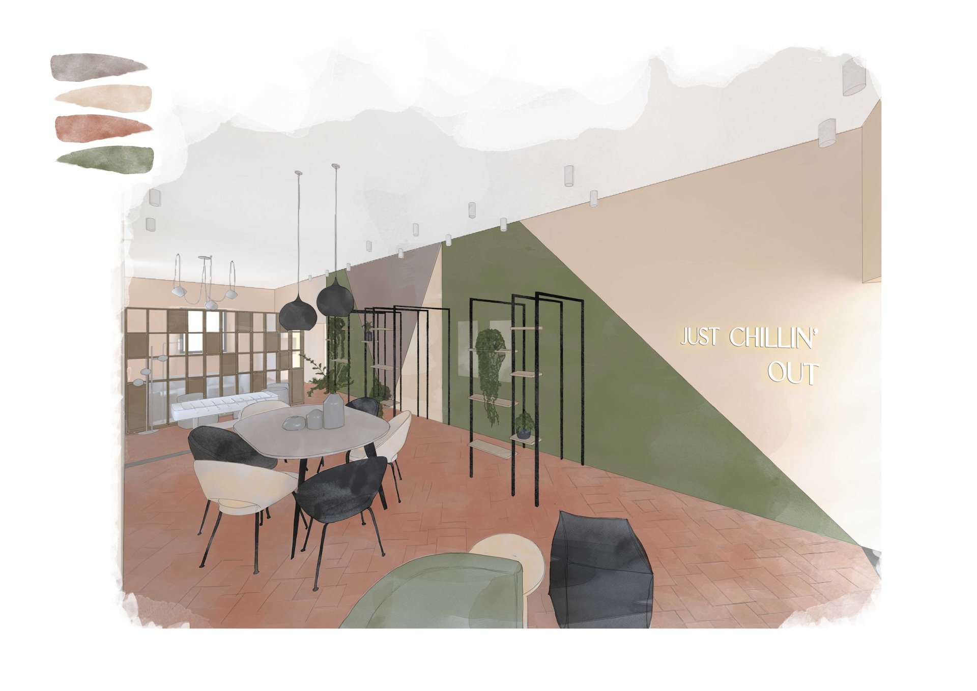 Modern interior design concept with earthy color palette, geometric wall paint, and stylish lounge furniture.