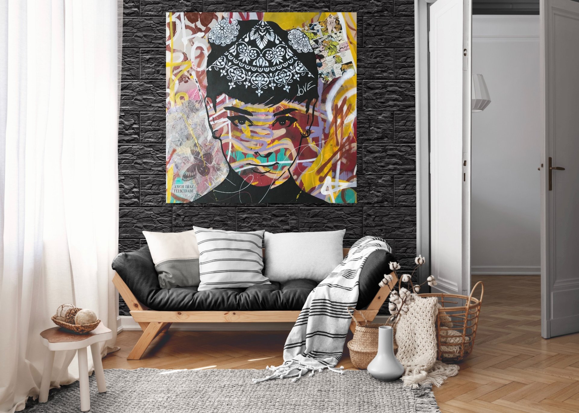 quadro personalizado de Audrey Hepburn em estilo pop-art.