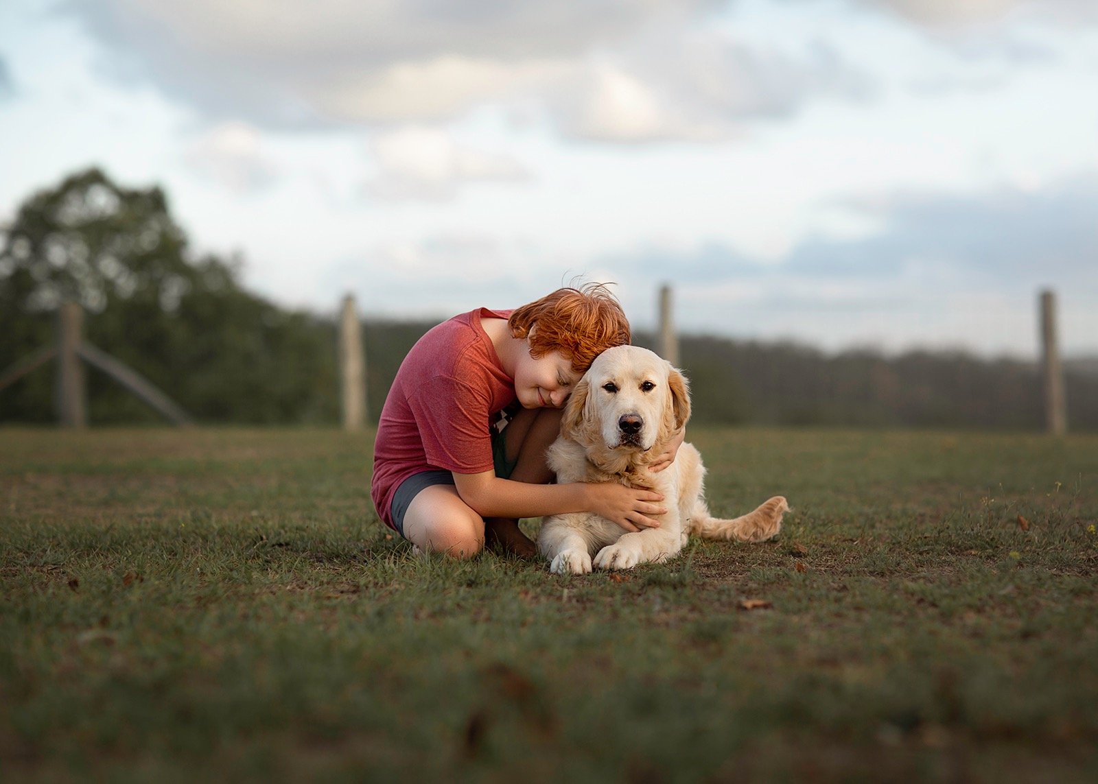 a boy is sitting on the grass and hugging a dog