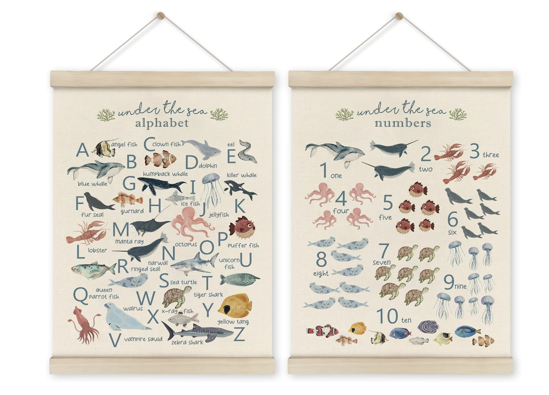 Under the sea alphabet and numbers wall art posters for a nursery featuring watercolor ocean animals.