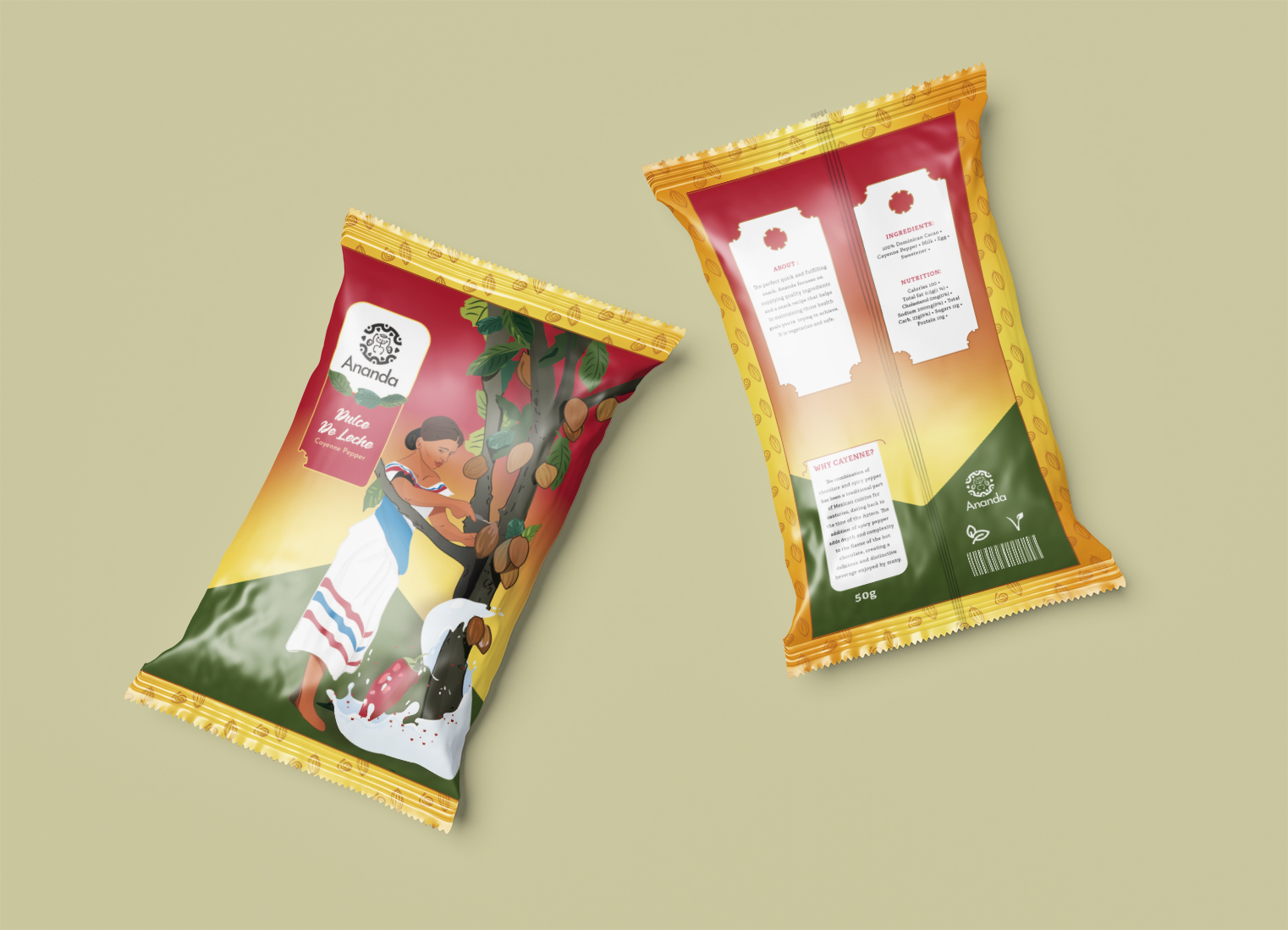 Front and back packaging design for Ananda Dulce de Leche cayenne pepper chocolate balls.
