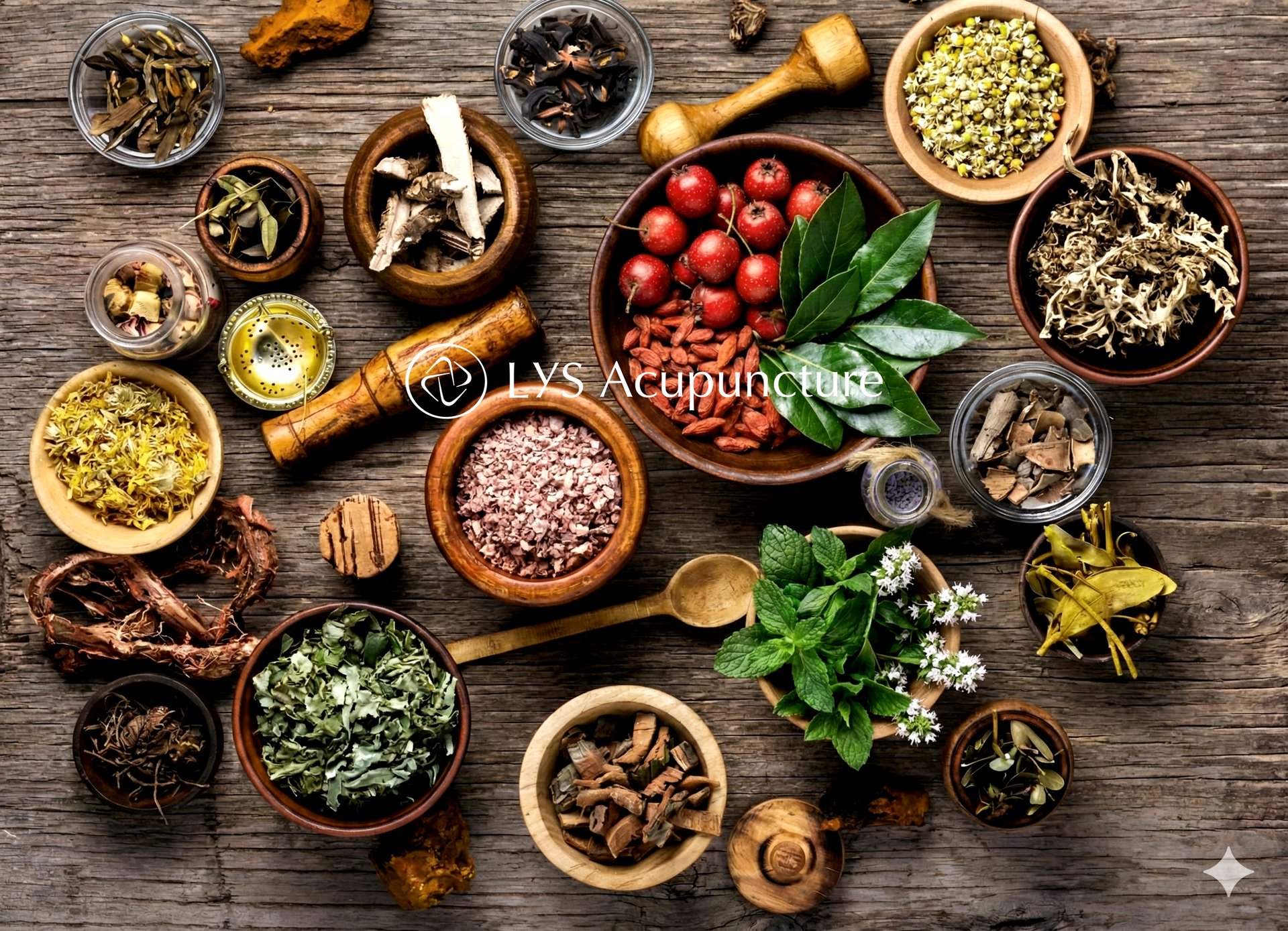 Assorted traditional Chinese medicinal herbs and dried botanicals for acupuncture and holistic healing.