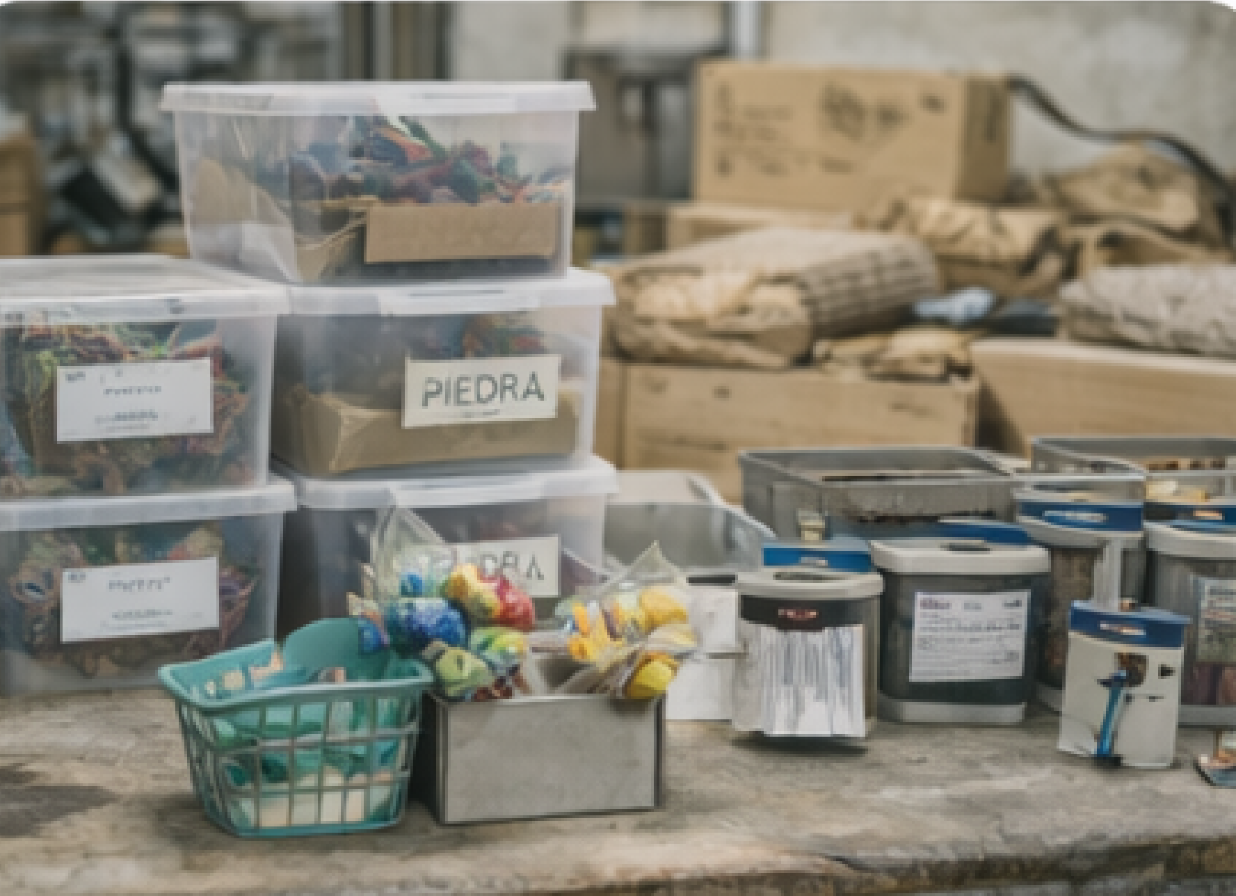 Consumibles y organizadores para laboratorio técnico de materiales.