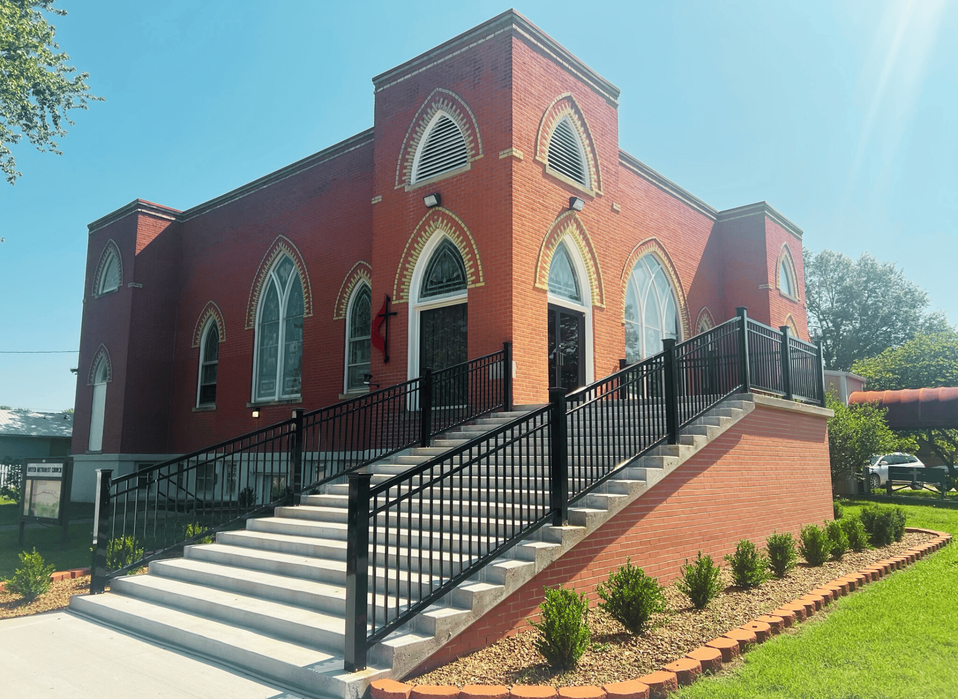 Moran United Methodist Church building new stairs landscaping and new sidewalk May2023