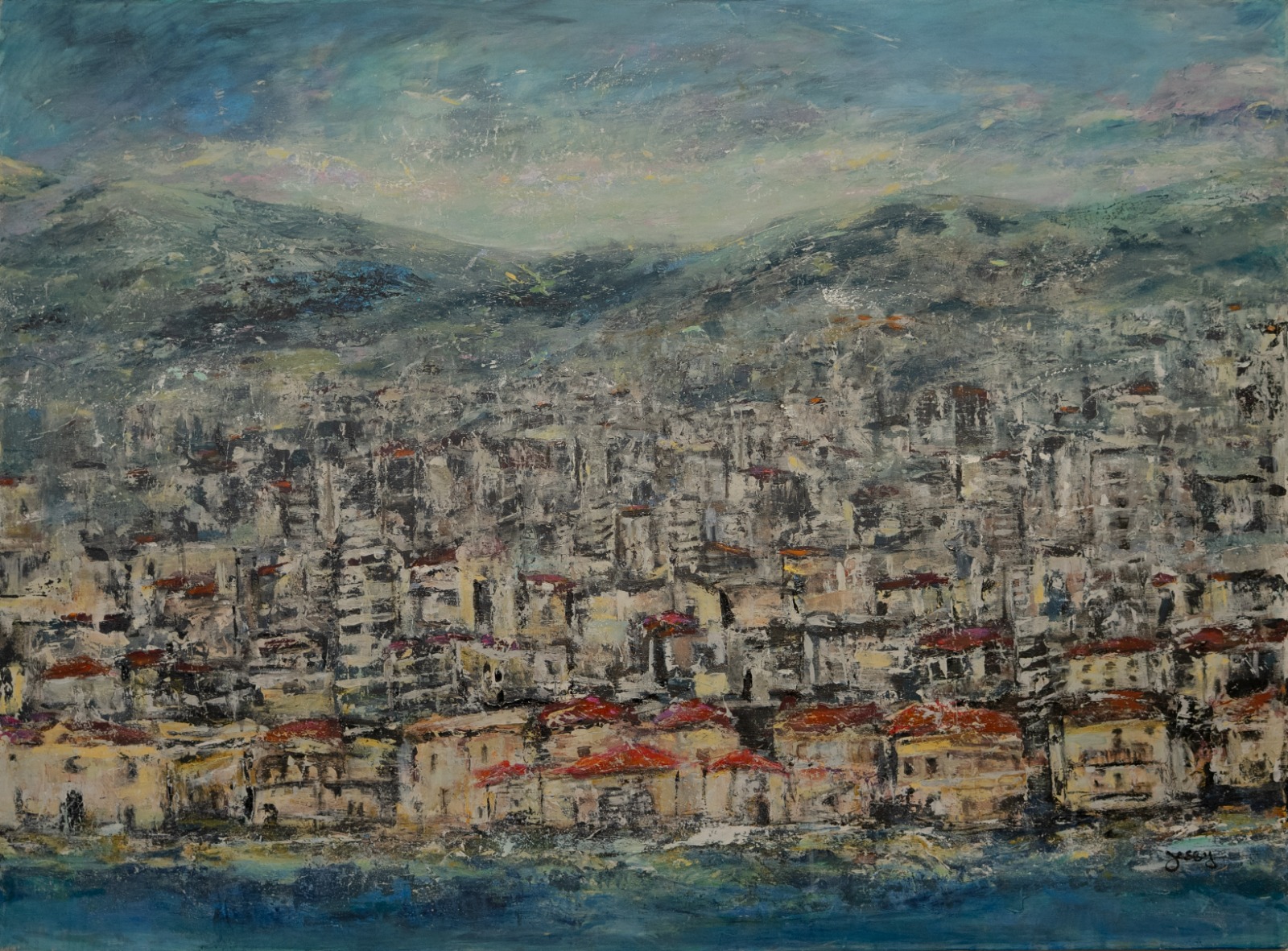 Acrylic on canvas painting of mountains by the sea in Lebanon by artist Jessy Tabet