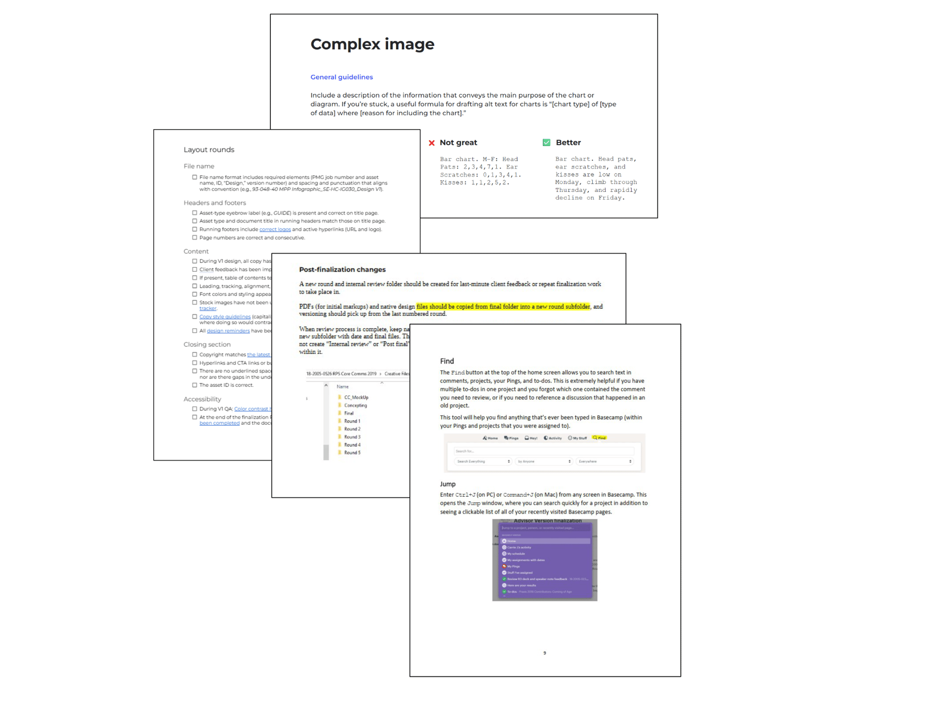 A collage of screenshots from a variety of text-heavy documents, some with checklists and graphics