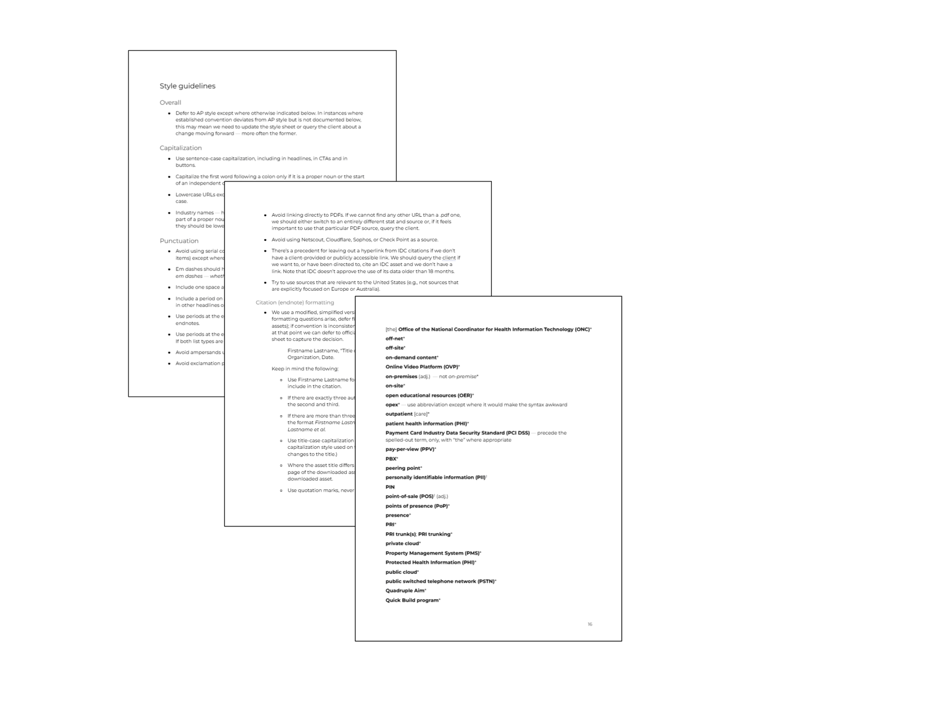 Stacked screenshots of three pages full of bulleted style guidelines