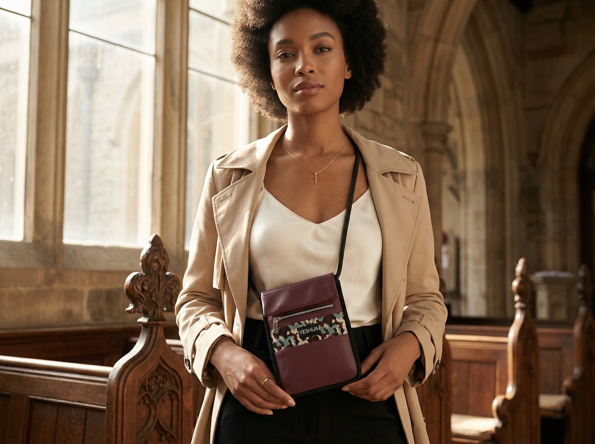 A stylish woman in a tan trench coat wearing a maroon crossbody travel neck wallet inside a church.