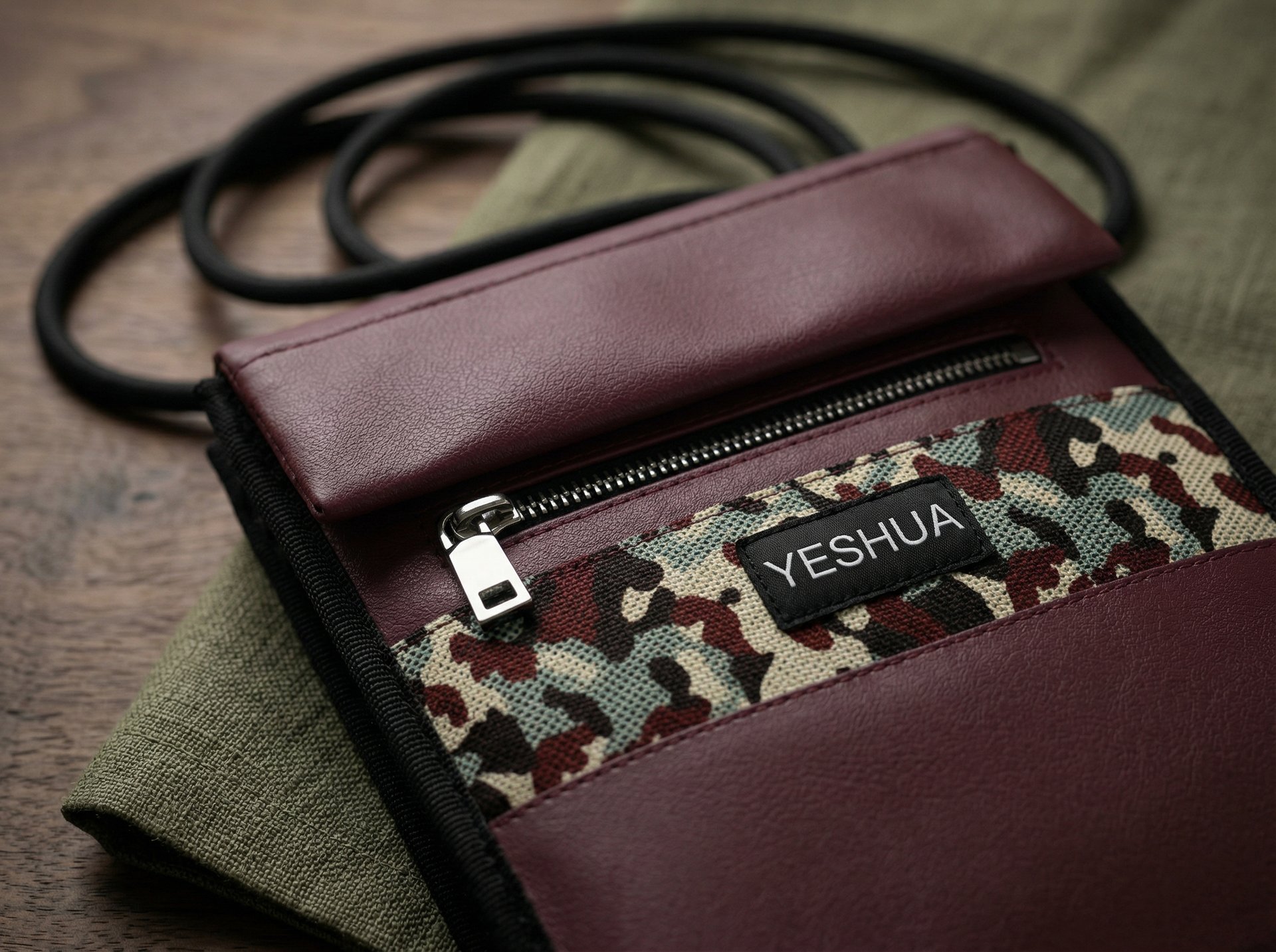 Yeshua brand burgundy leather crossbody neck pouch with camo pattern and black rope strap.