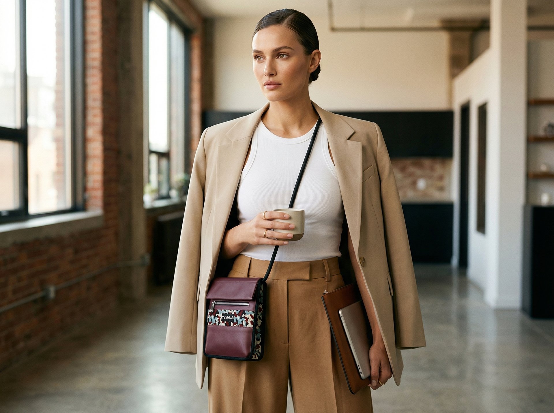 A stylish woman in a tan blazer wearing a patterned crossbody bag while holding a coffee cup.