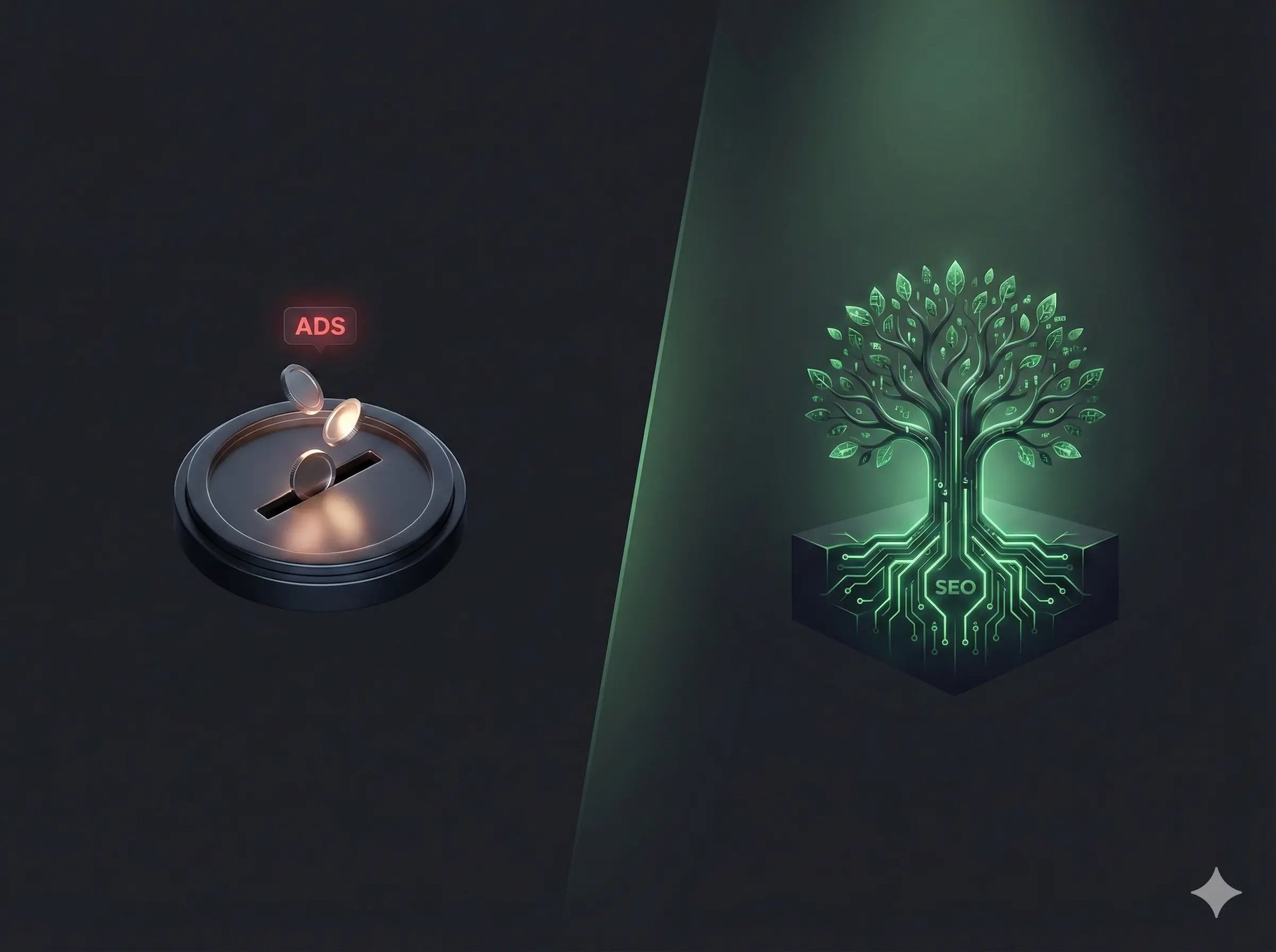 Comparativo entre site dependente de anúncios e site orgânico otimizado.