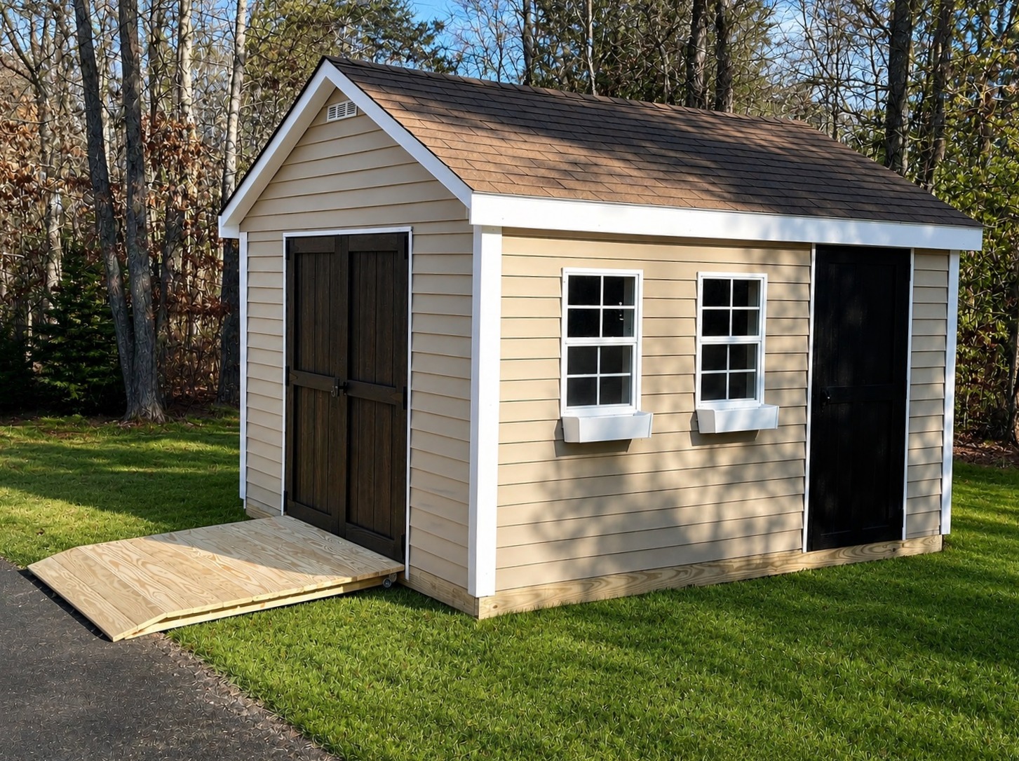Heavy duty pressure treated shed ramp built for smooth entry and long-term durability.