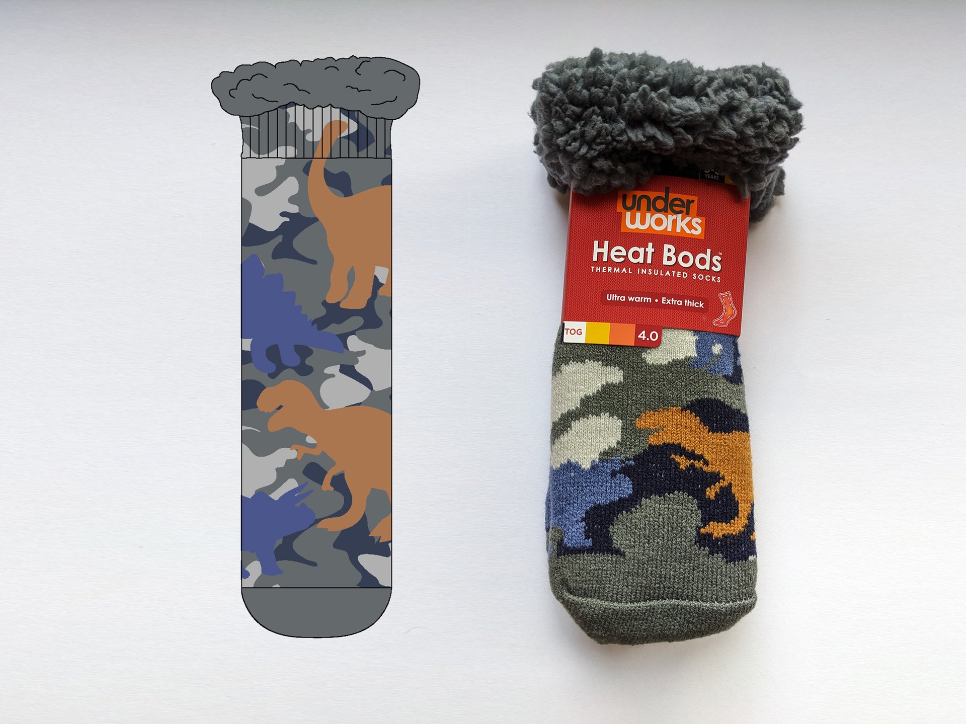 Camo Dino - HeatBods Sherpa Socks (Underworks)
