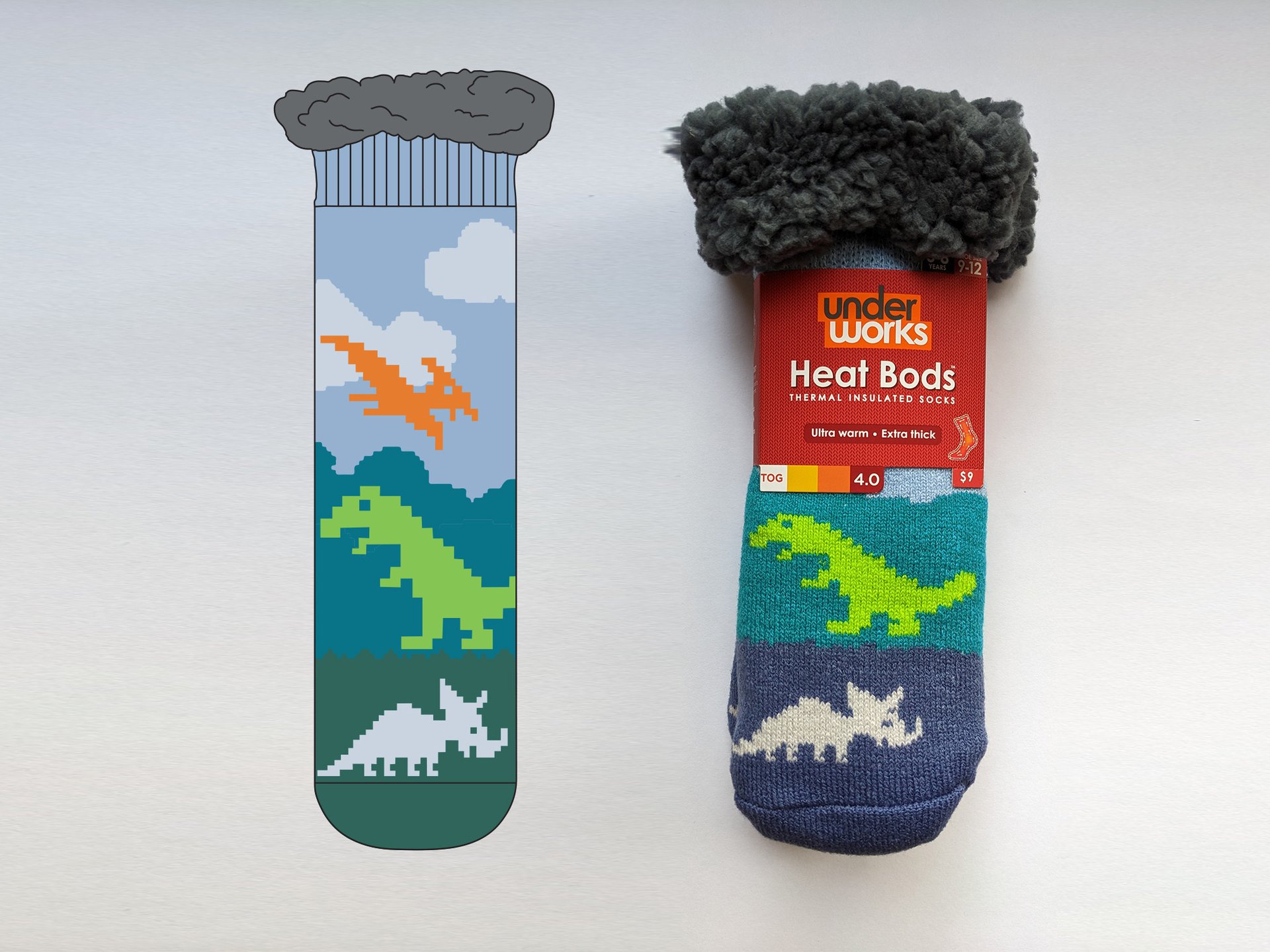 Pixel Dino - HeatBods Sherpa Socks (Underworks)