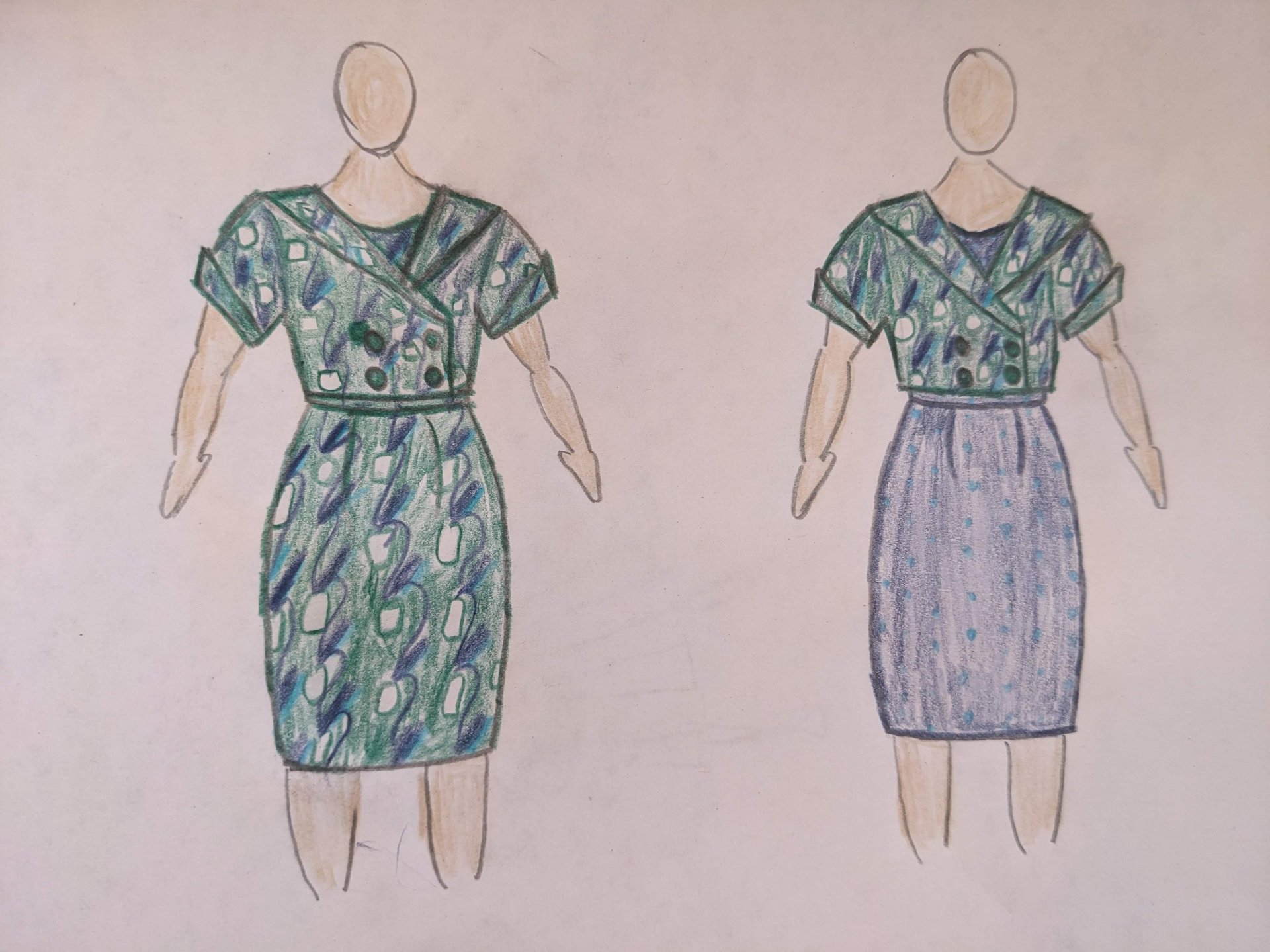 The fashion sketch of a navy polka dot reversible sheath dress and green 50's inspired jacket