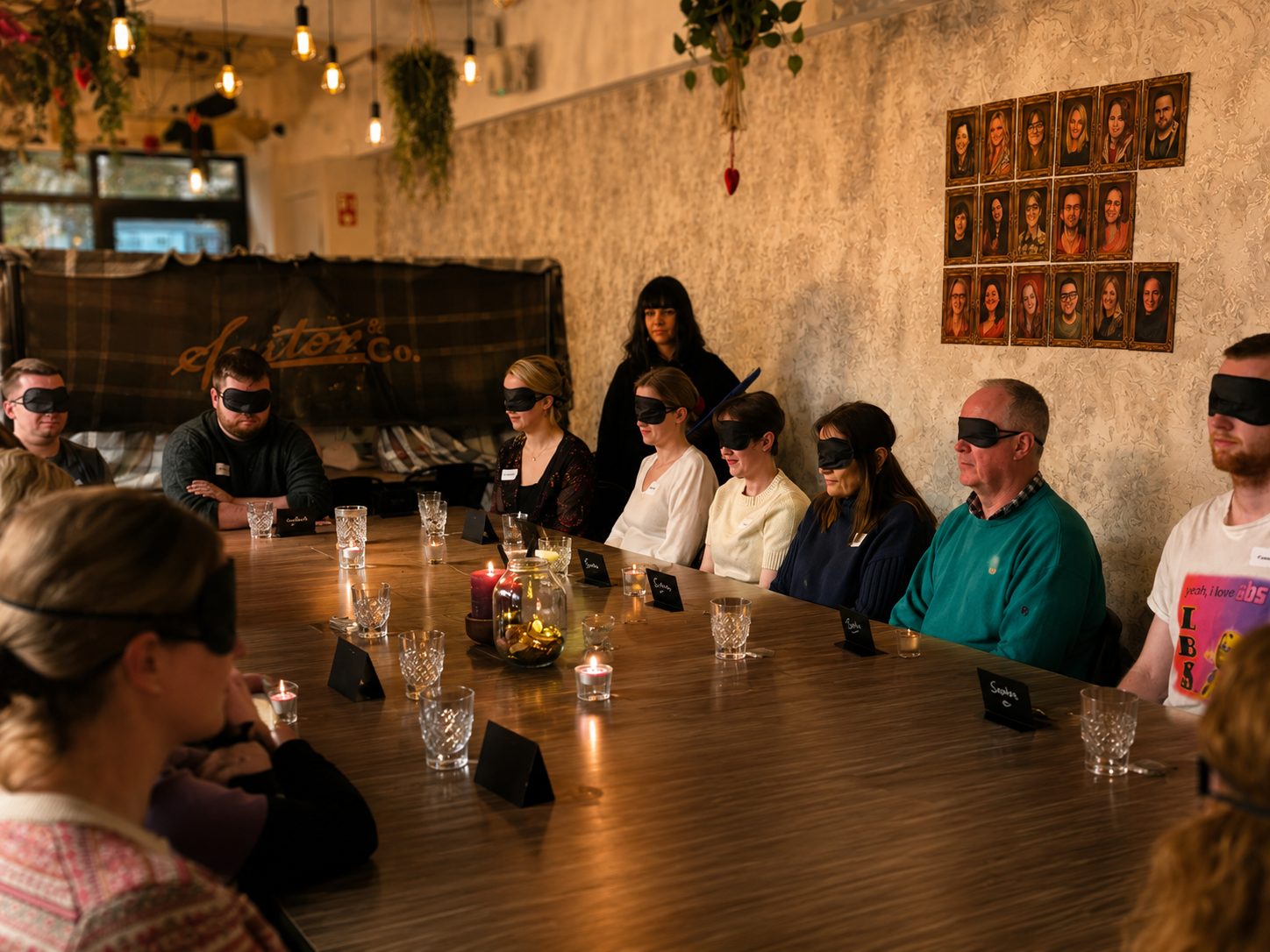 People are sitting at a table playing a Traitors game. They are blindfolded.