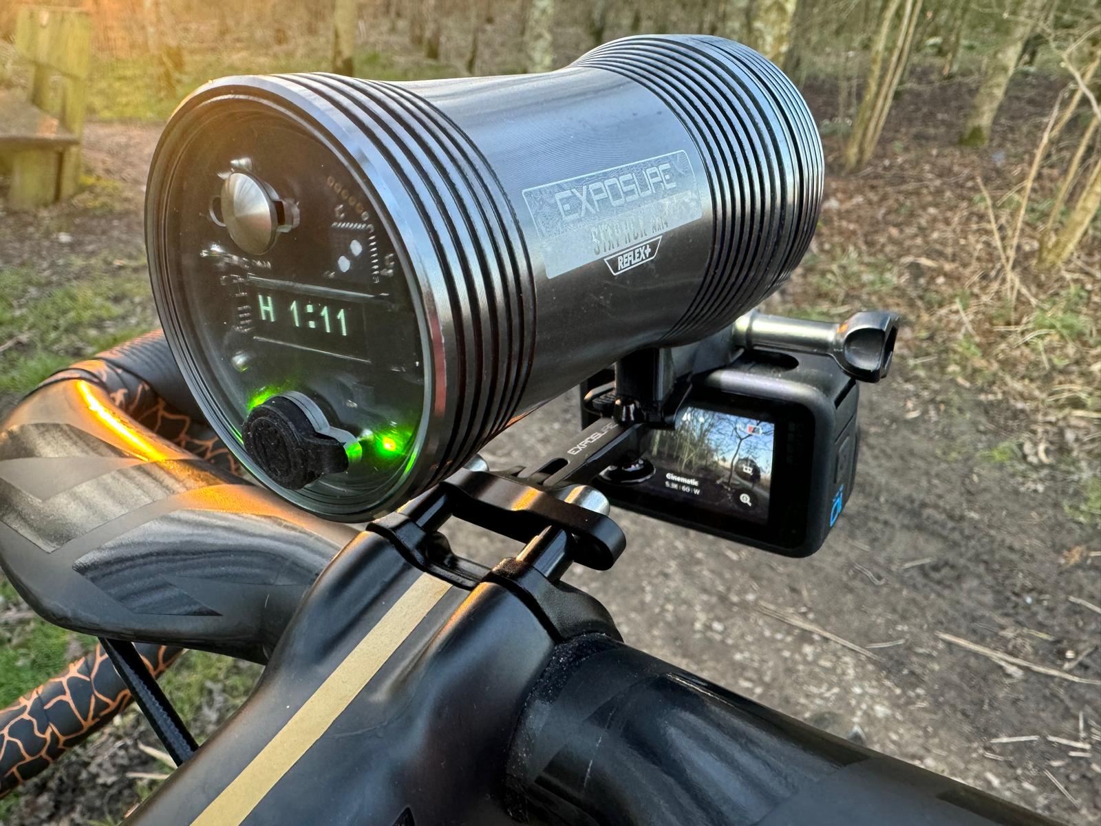 duo mount with exposure light and gopro in forest
