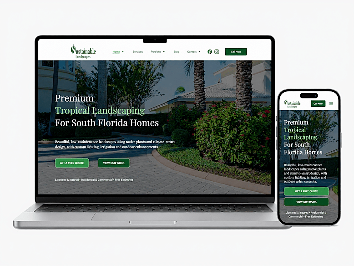 Laptop and smartphone displaying a responsive South Florida tropical landscaping website design.