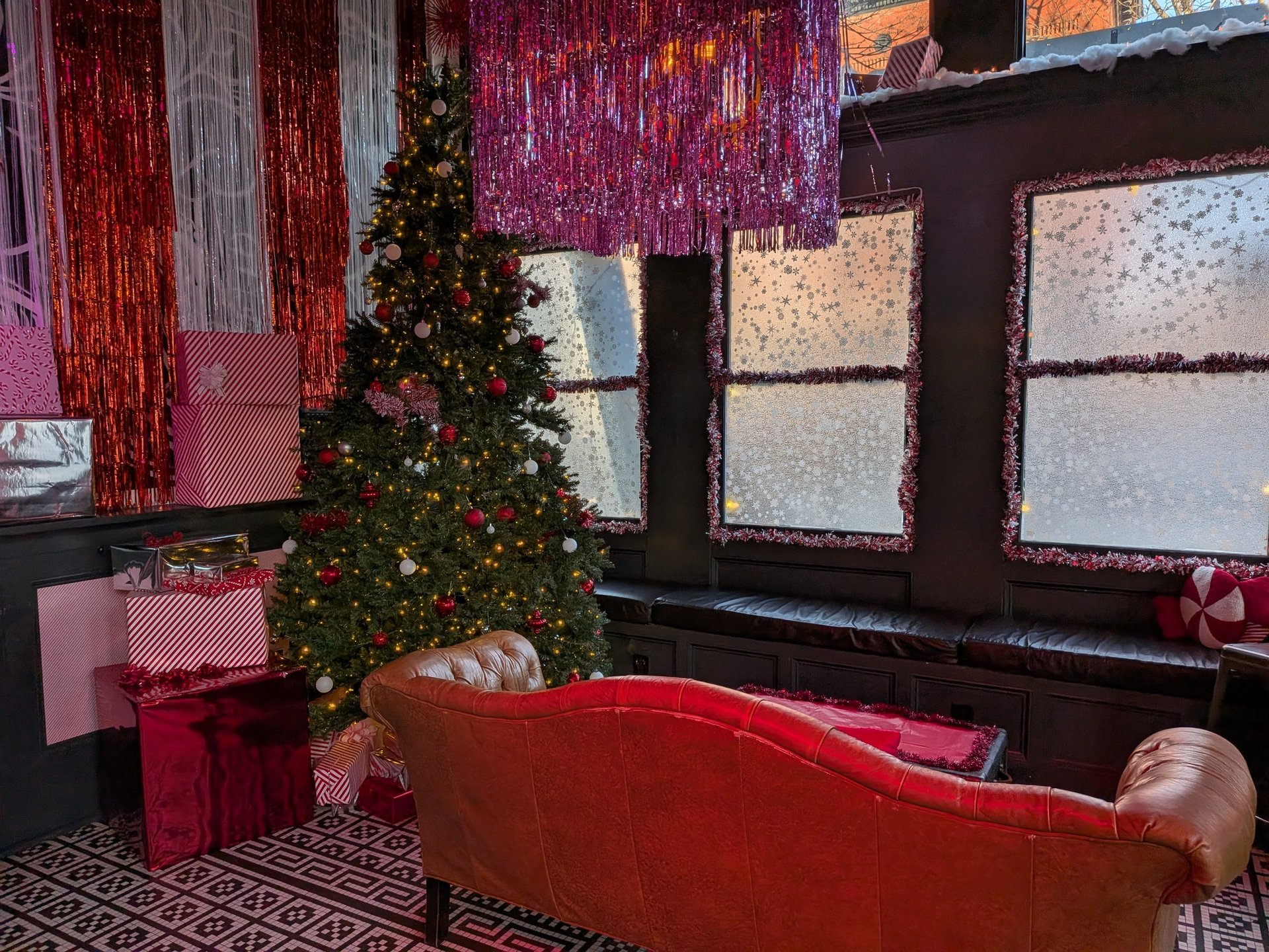 holiday decorations inside a bar