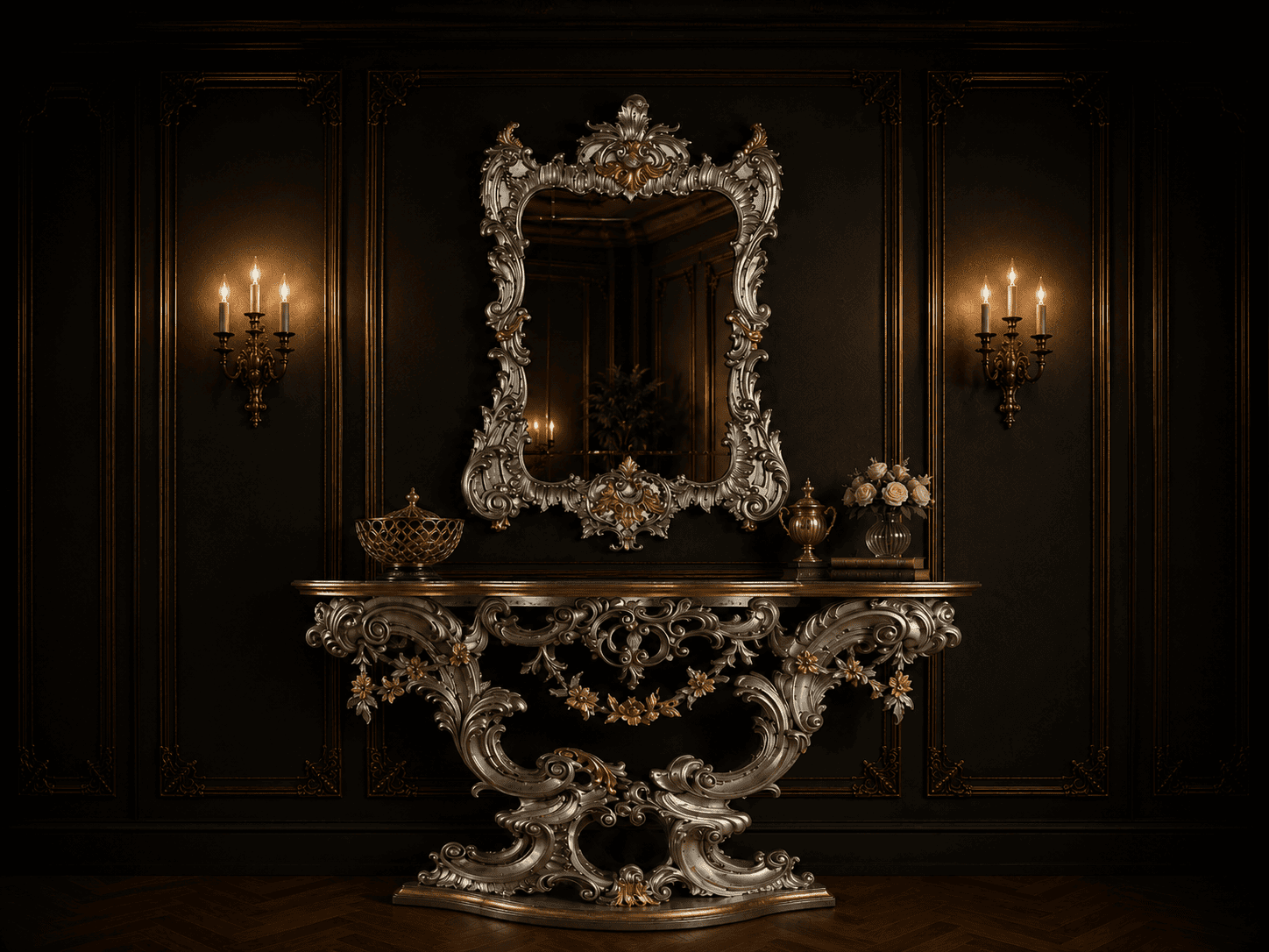 An ornate silver and gold rococo console table and matching mirror against dark wood paneled walls.