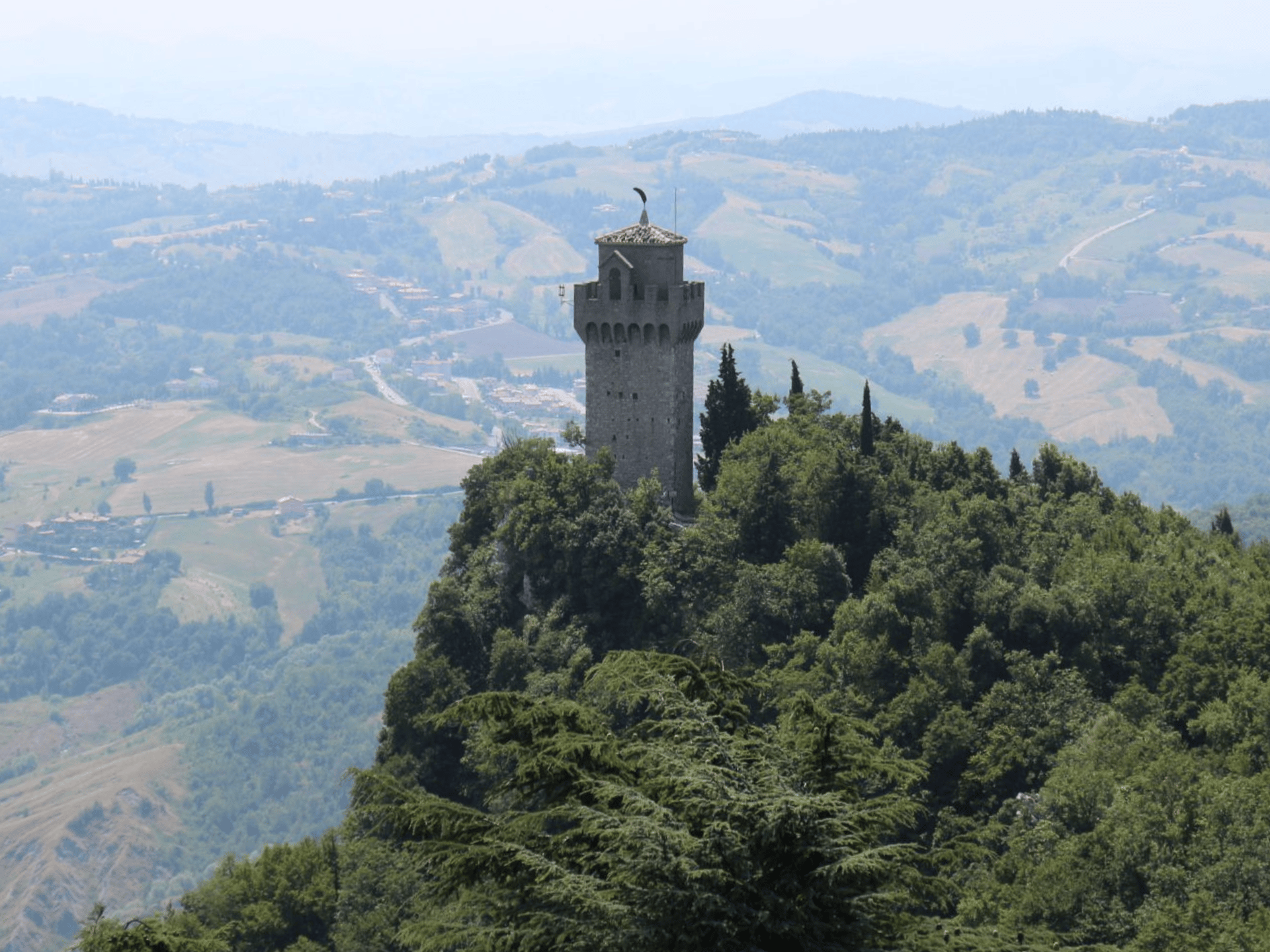The Torre di Montale (the 3rd tower), viewed from the 2nd tower, in San Marino (surrounded by, but not in, Italy)
