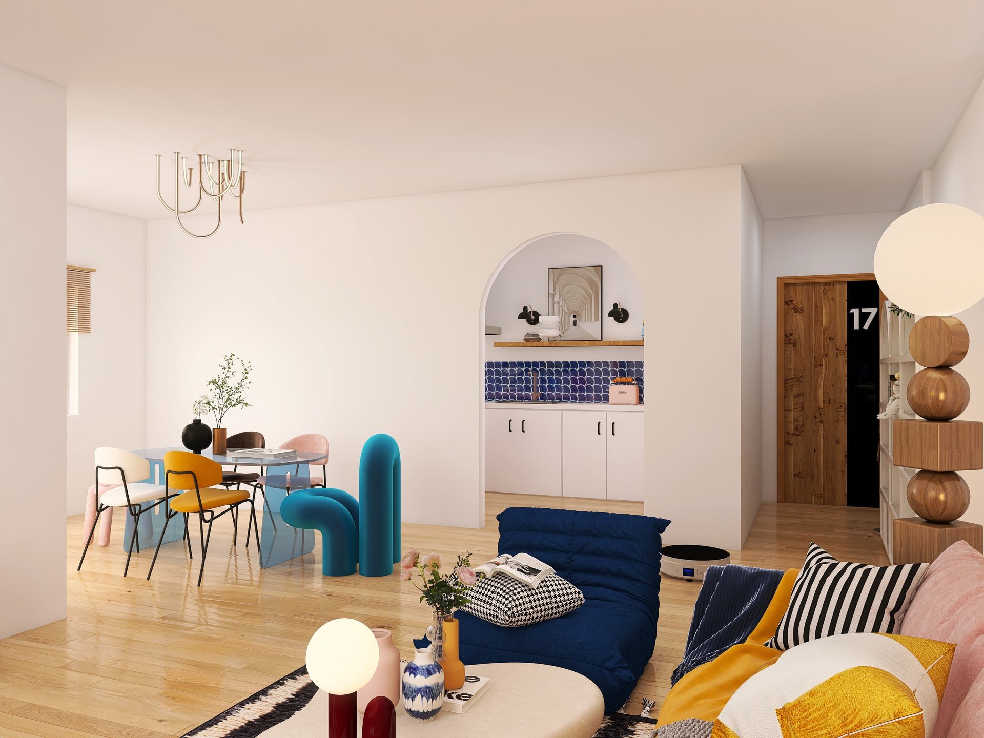 Vista de comedor y sala integrados con mobiliario de diseño vanguardista y arco de paso.