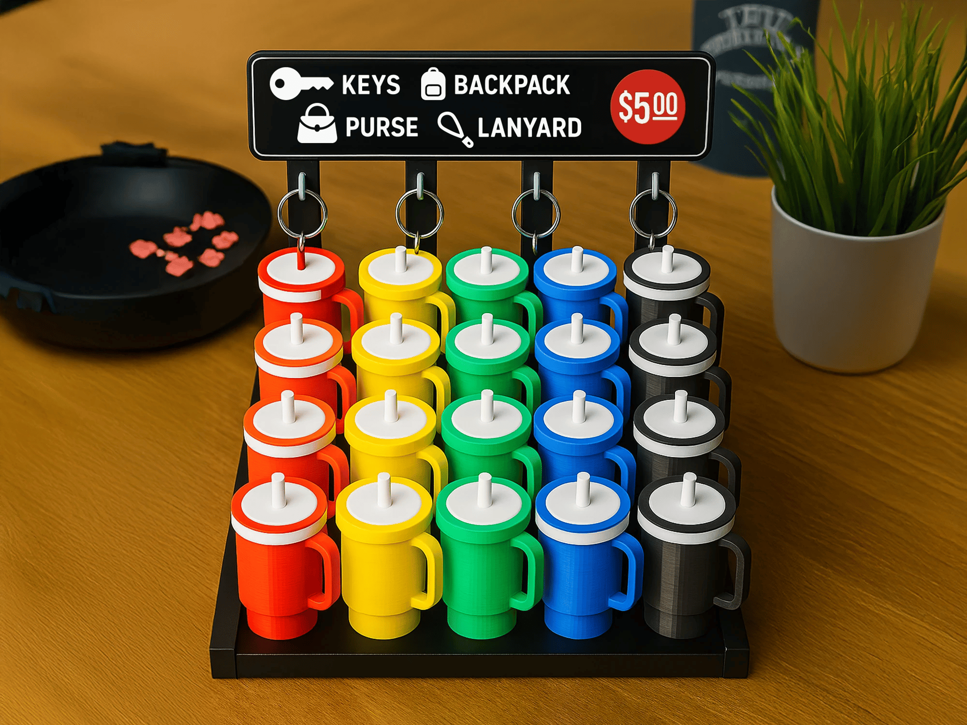 Mini 3D printed tumblers as keychains on retail display. Custom merch idea for local businesses.