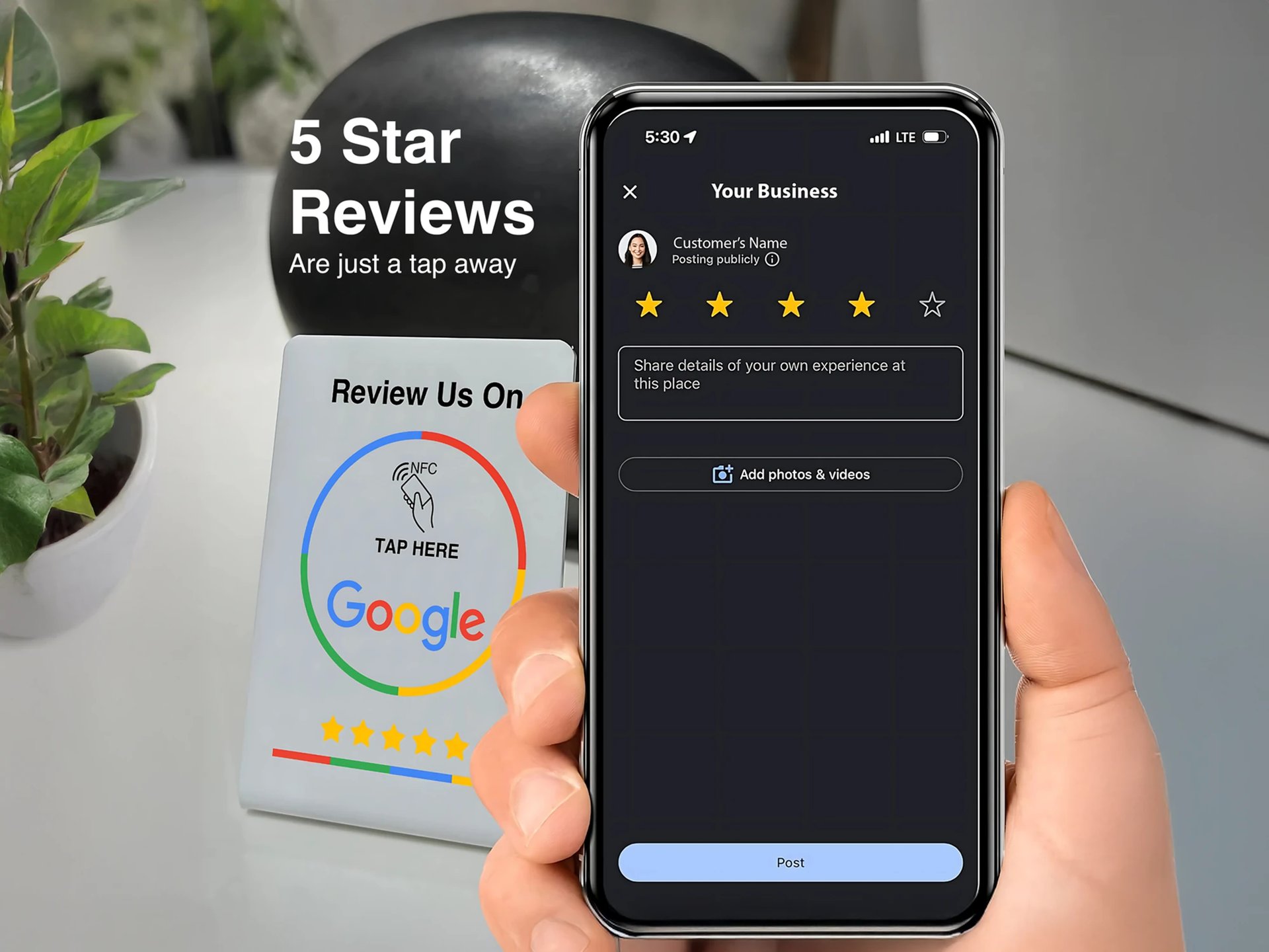 Google NFC review sign and phone showing 5-star screen. Tap-to-review for small business clients.