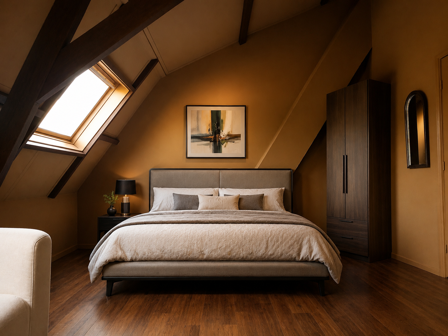 Modern attic bedroom with a king-size bed, and warm lighting, Color advise Studio .Purple