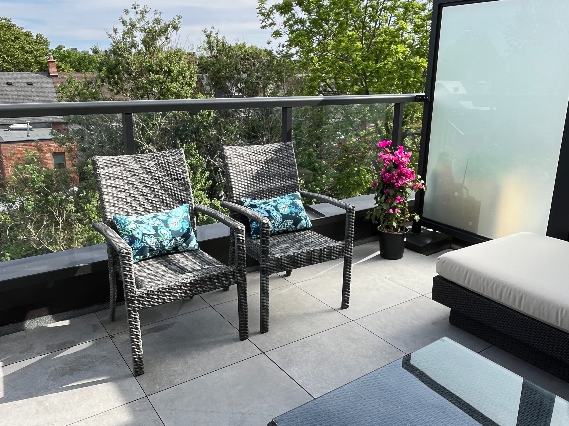 outdoor dining chairs with custom lumbar pillows made in Toronto