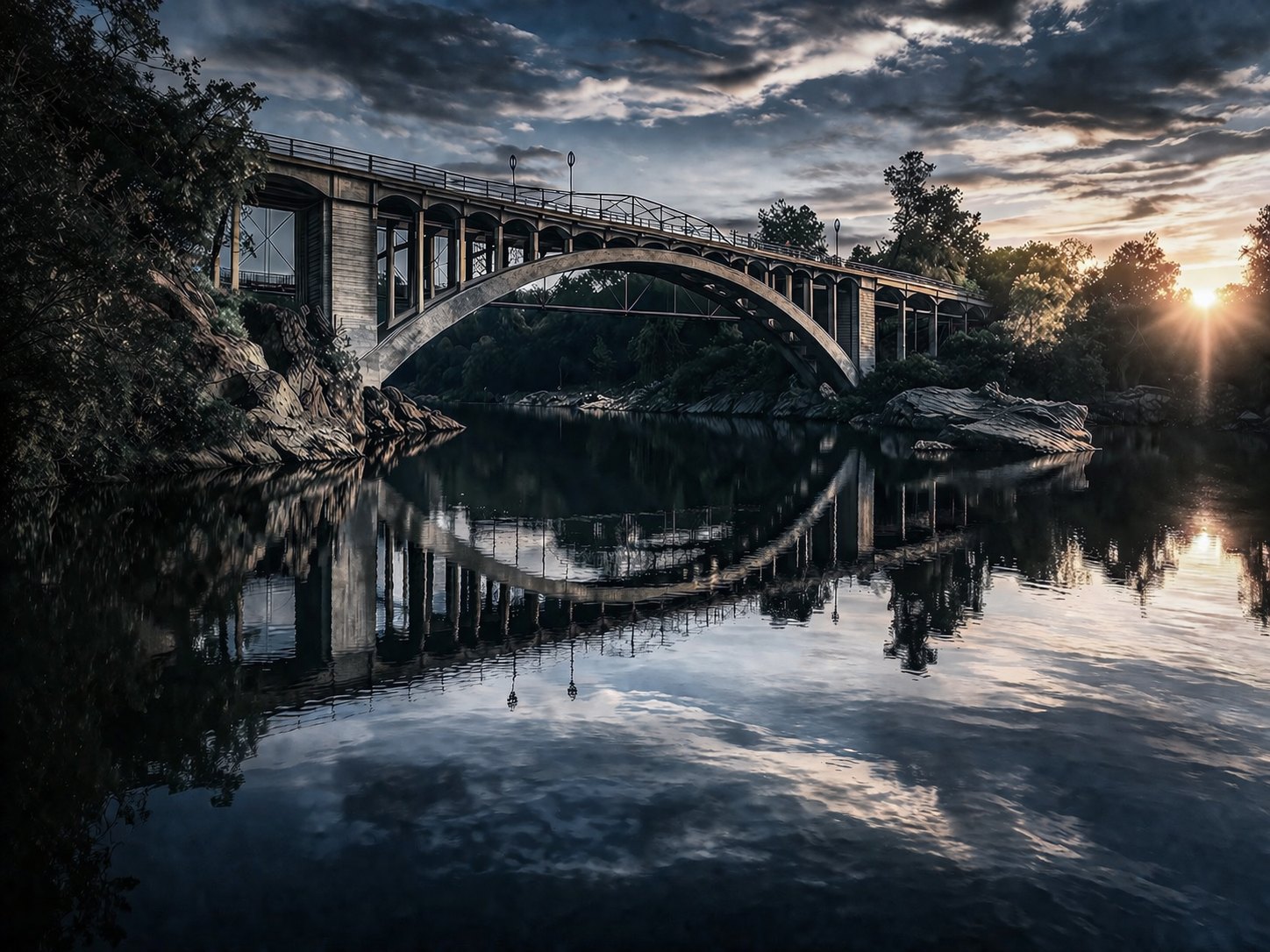 Moody view of Rainbow Bridge in Folsom, California overlooking the American River