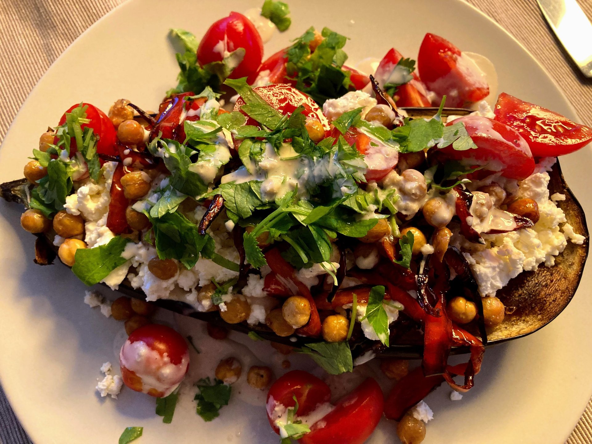 eggplant with feta, spicy chickpeas, red pepper and garlic