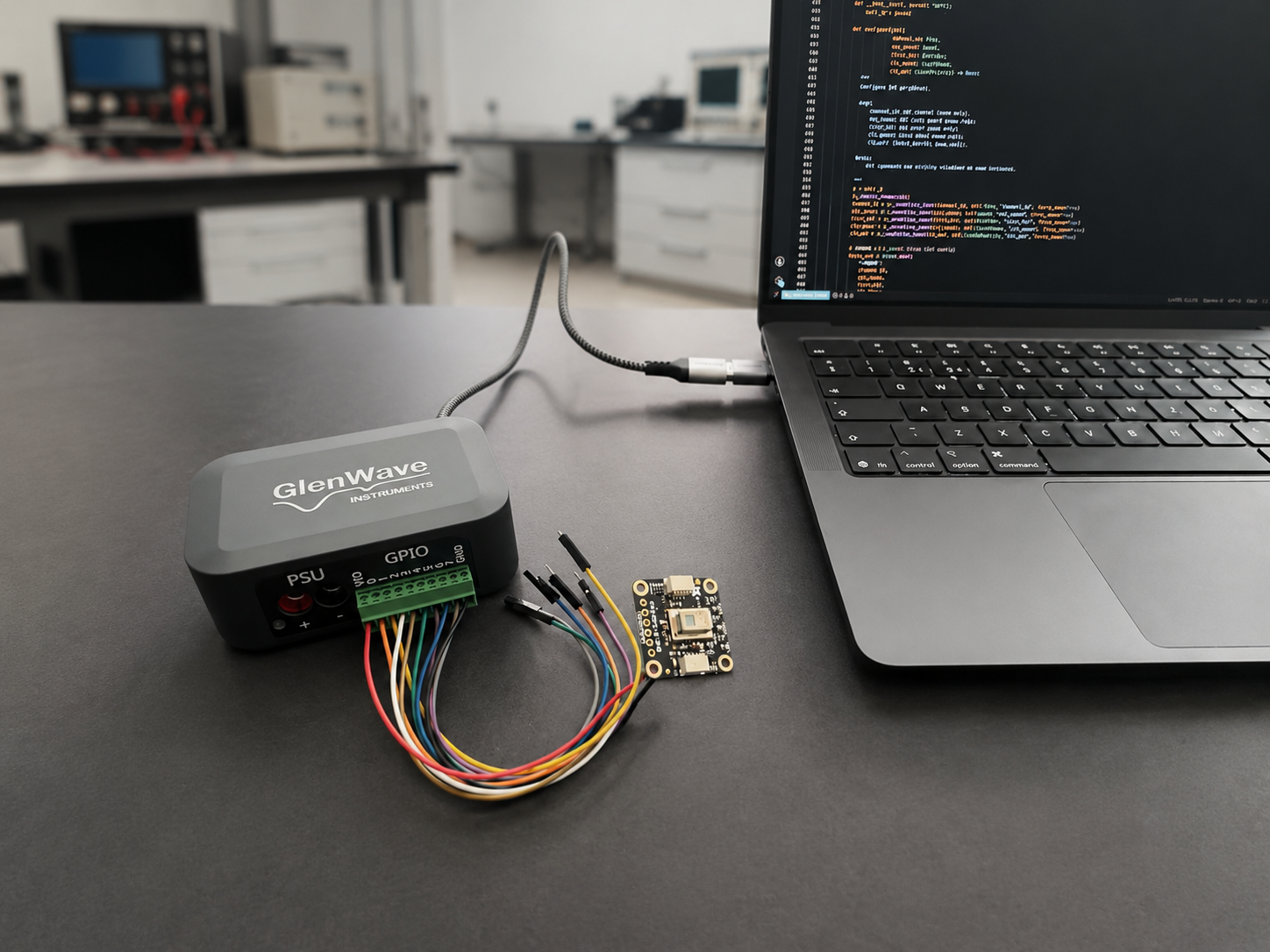 GlenWave's UPG-812 device on a desk in a lab, connected to a thermal imaging sensor and a laptop.