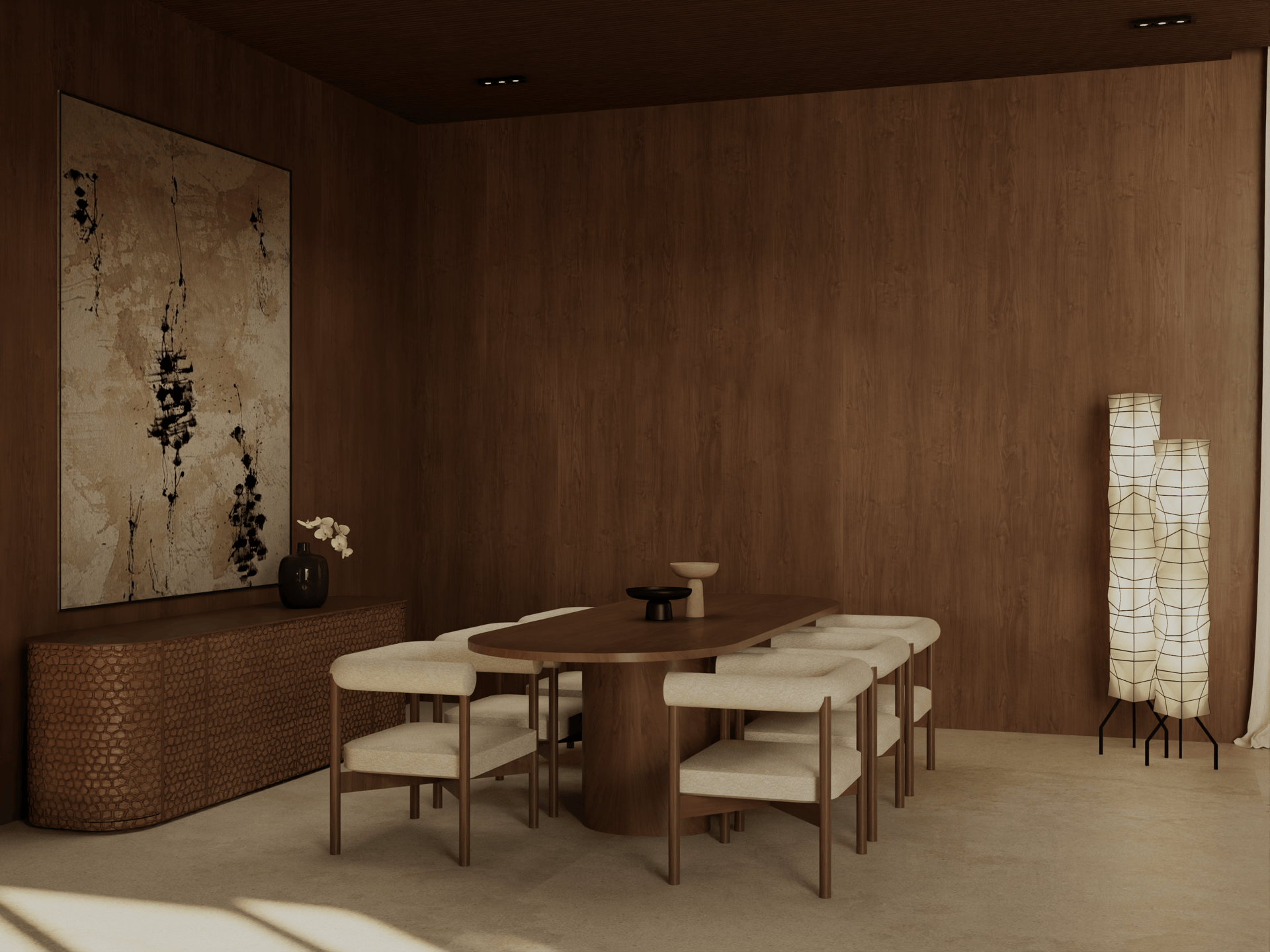 An oval wooden dining table surrounded by light fabric chairs in a wood-panelled room.