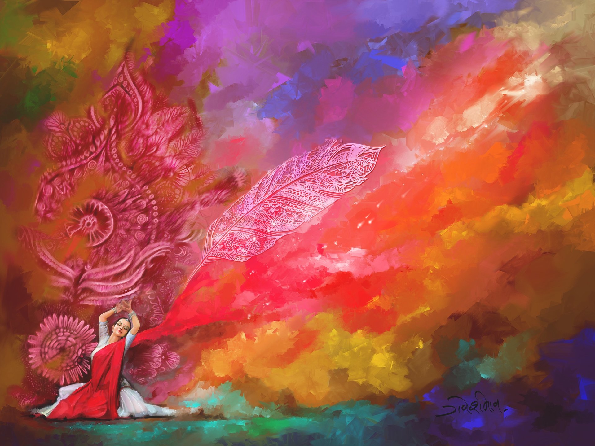 colorful digital painting of Indian woman in traditional dancing pose showing her colorful freedom