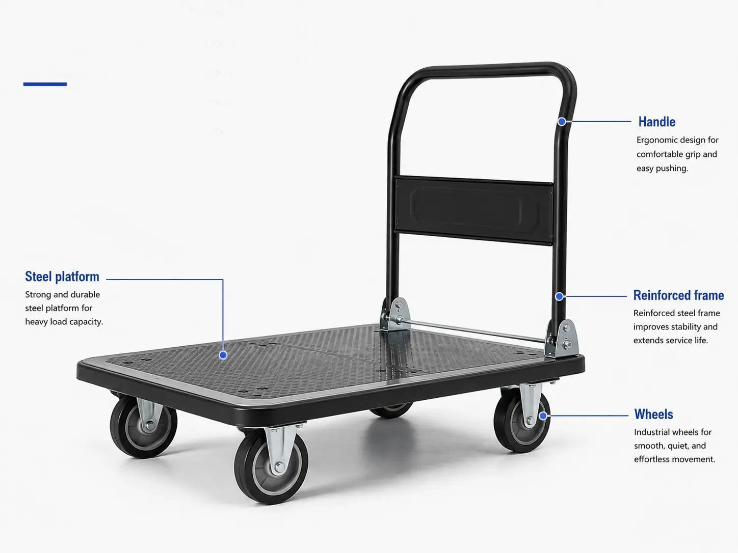 Durable steel platform folding hand truck with industrial wheels and ergonomic handle for heavy duty moving.