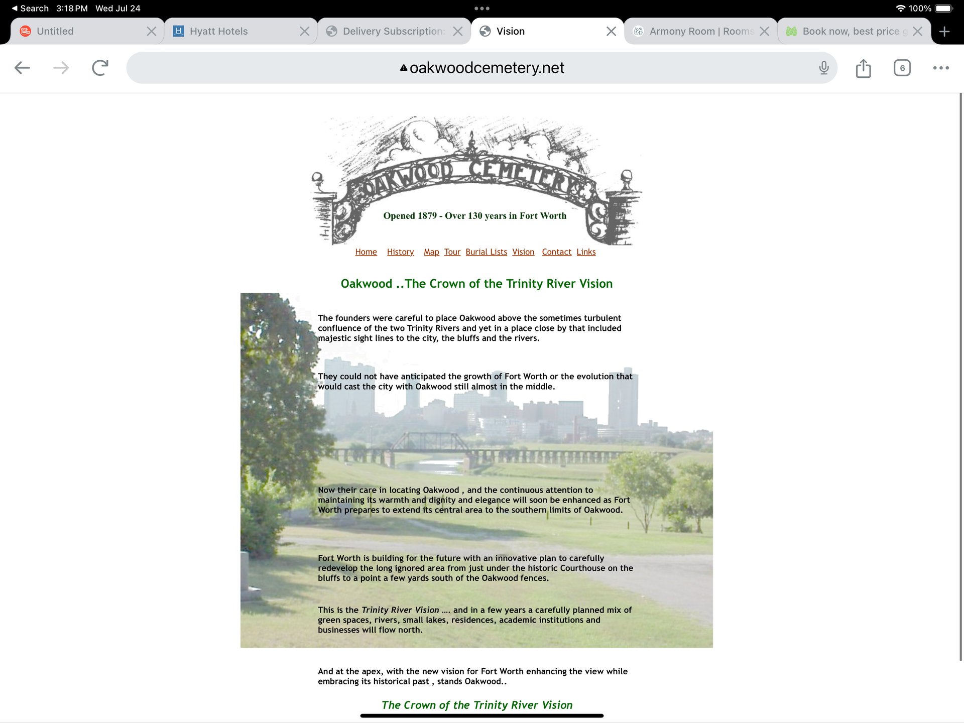 Screenshot of Oakwood Cemetery website in Fort Worth with historic logo and Trinity River Vision text.