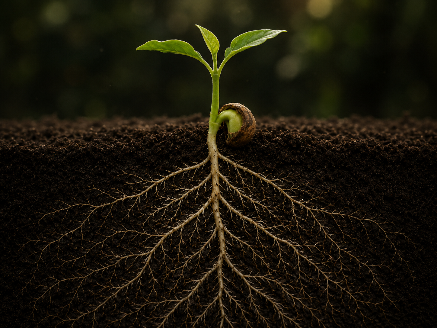 Anchored young plant emerging into the world