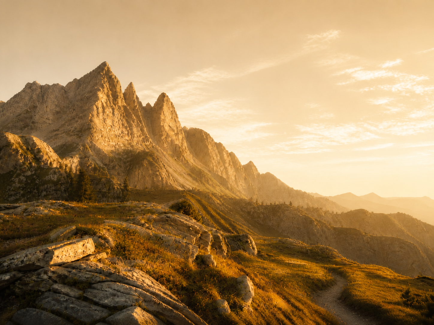 Majestic jagged mountain peaks glowing in the golden light of a sunset over a rugged alpine landscape.
