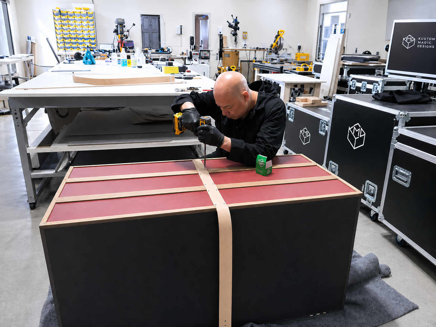 Ray lum assembling a custom wooden road case For magician Kevin James